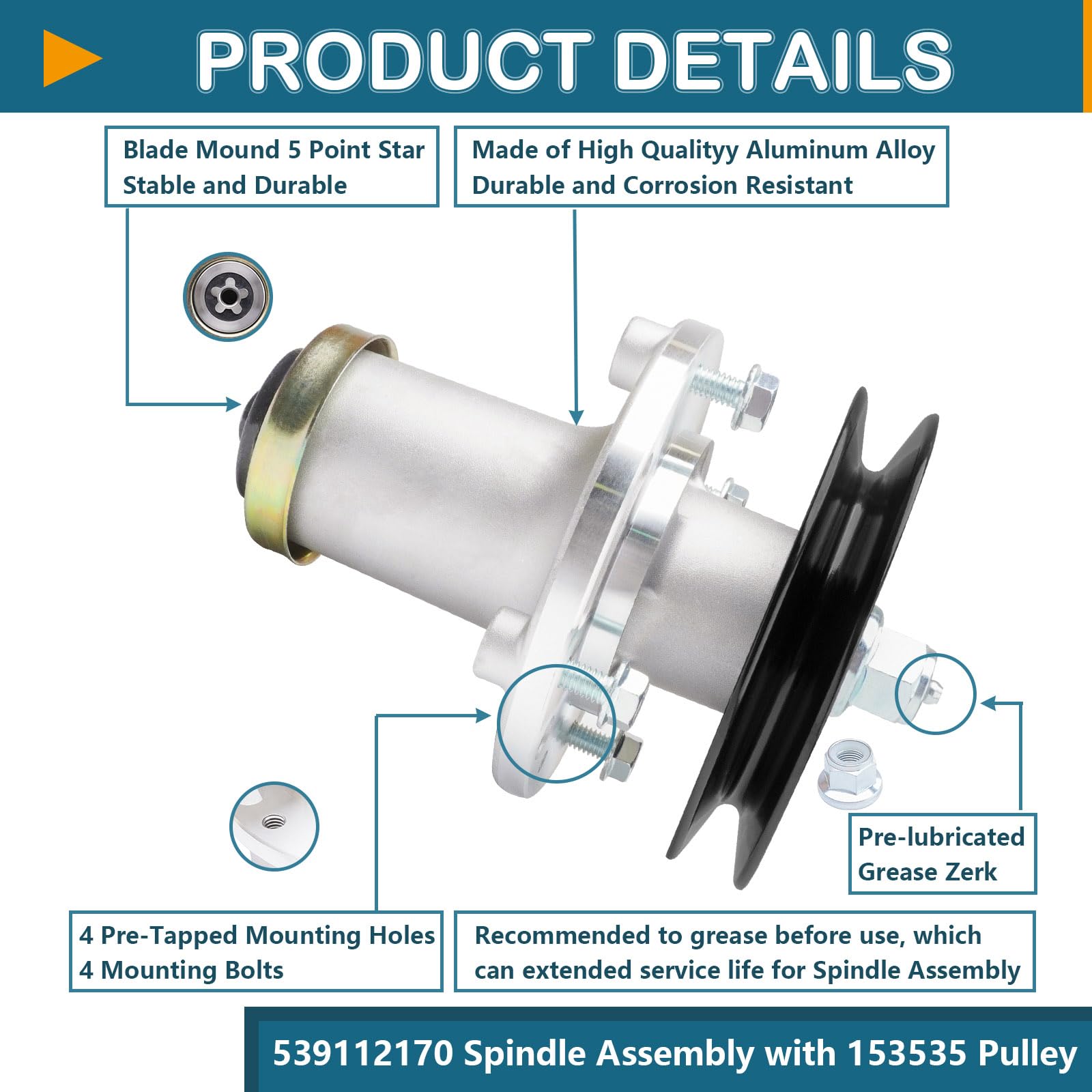 539112170 - Conjunto de husillo con polea 153535 sustituye a Hus qvarna RZ 4824F, FD52 M, TS 354D, FD48 E, MZ 5225, MZ 5226, MZ5225 (paquete de 1)