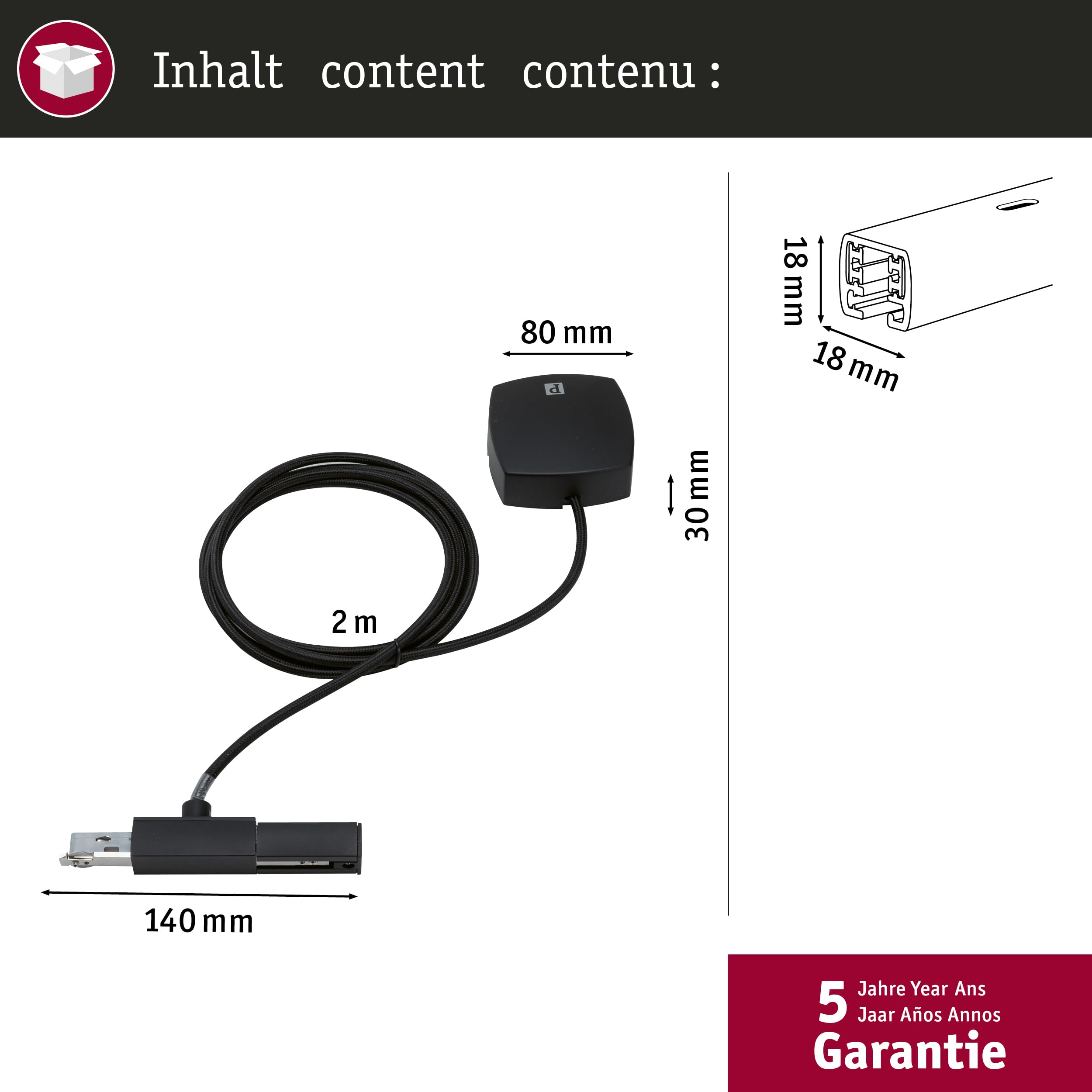 Paulmann 95418 URail câble d'alimentation électrique 2 m, max. 1 000 W, noir mat