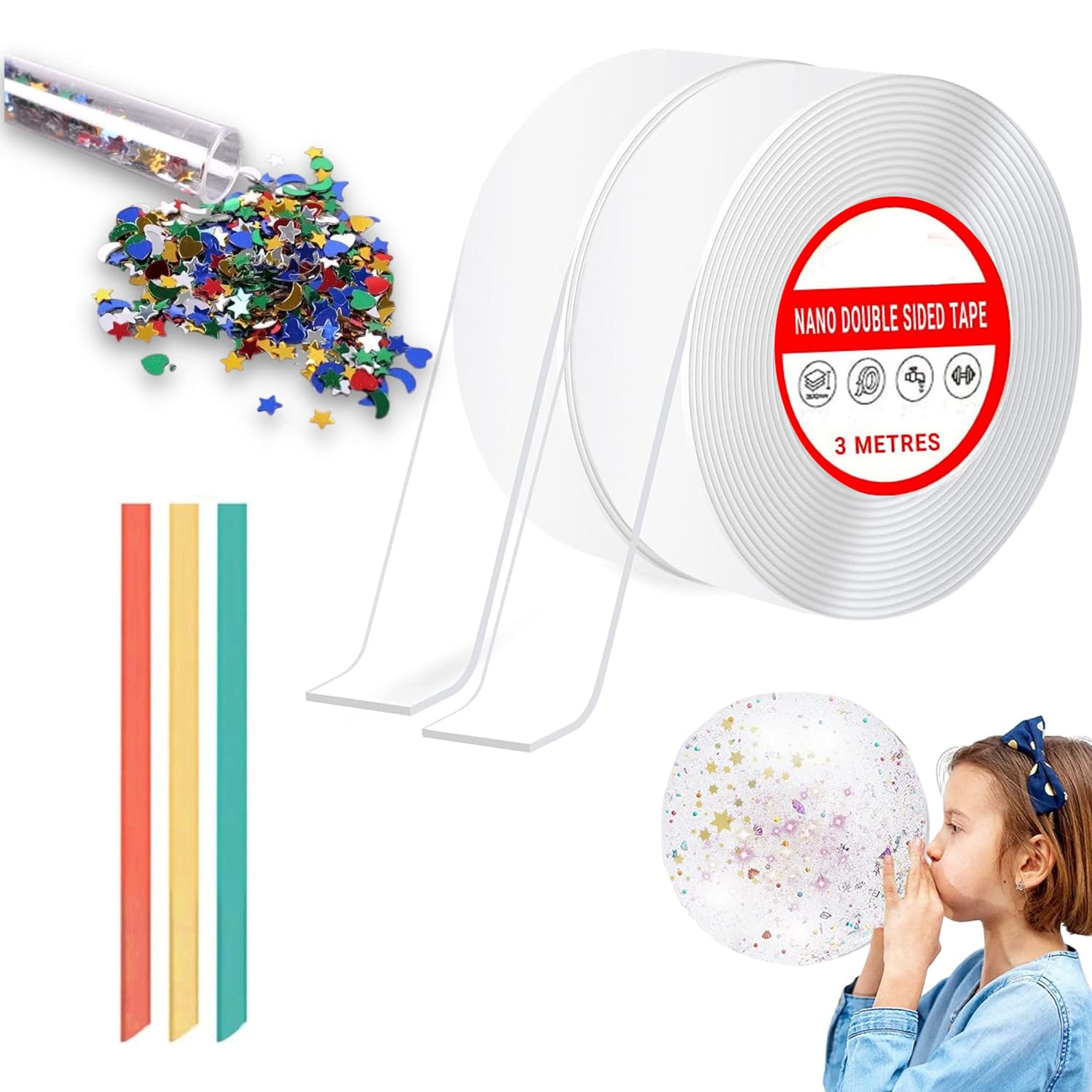 D-fix® Nano Tape with 3 Glitter Flakes 1 Stars Straw for Balloon Double Sided Grip Tape for Walls Washable Reusable Strong Sticky Strips Multicolor Moon & Heart Art and Craft DIY kit -Pack of 2