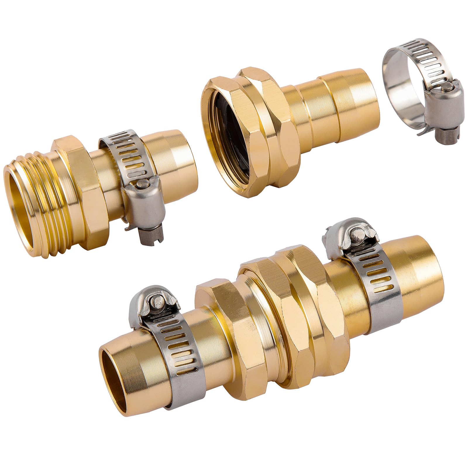 Kit de conector de reparación de manguera de jardín, apto para manguera de jardín de 0.75 o 0.63 pulgadas | Juego de 3 adaptadores de manguera macho y hembra, kit de reparación de manguera de agua con abrazaderas