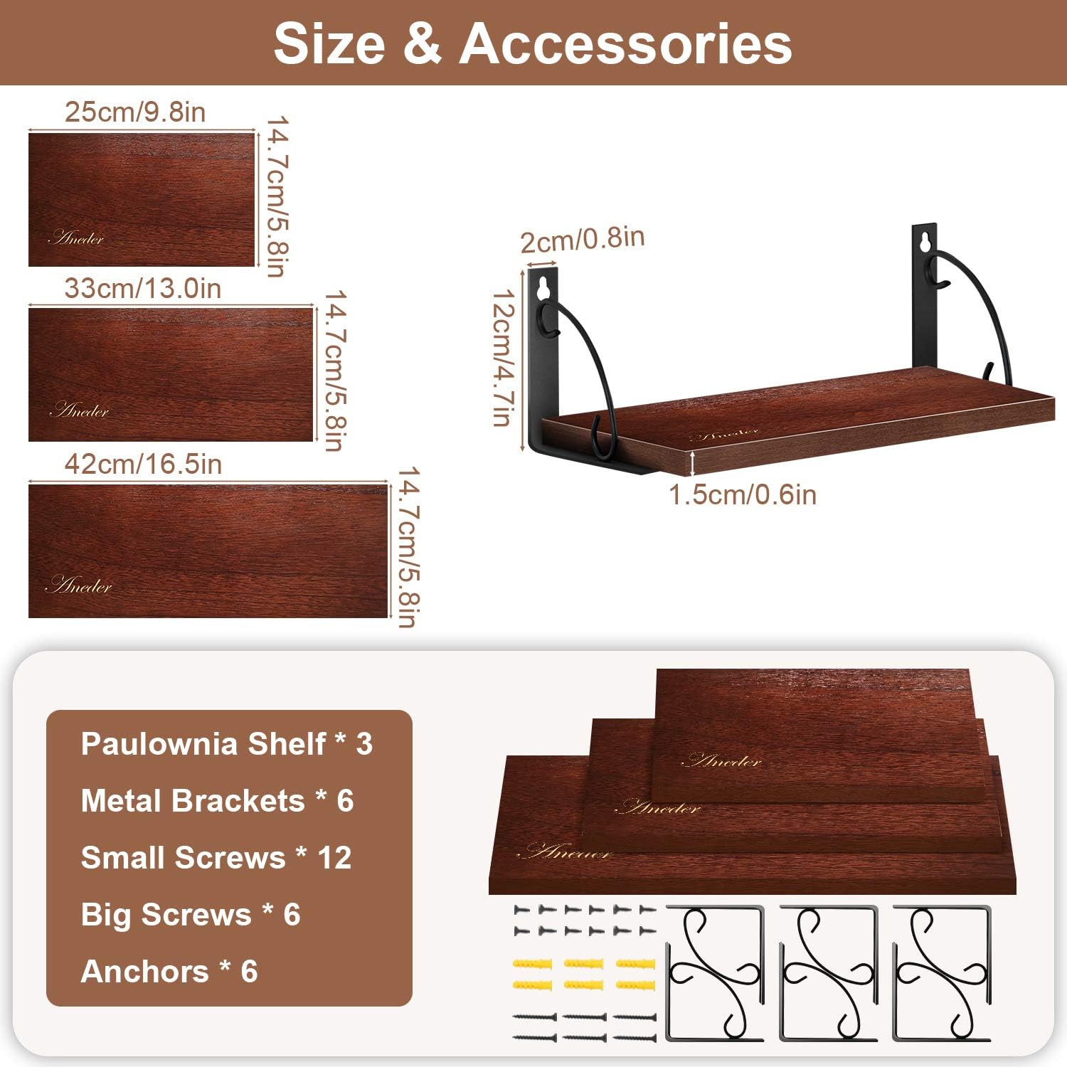 ANEDER Floating Shelves for Wall Set of 3, Rustic Wall Storage Shelf Heavy Duty Display Ledge Hanging Shelf Organizer for Bedroom, Living Room, Bathroom, Kitchen, Office