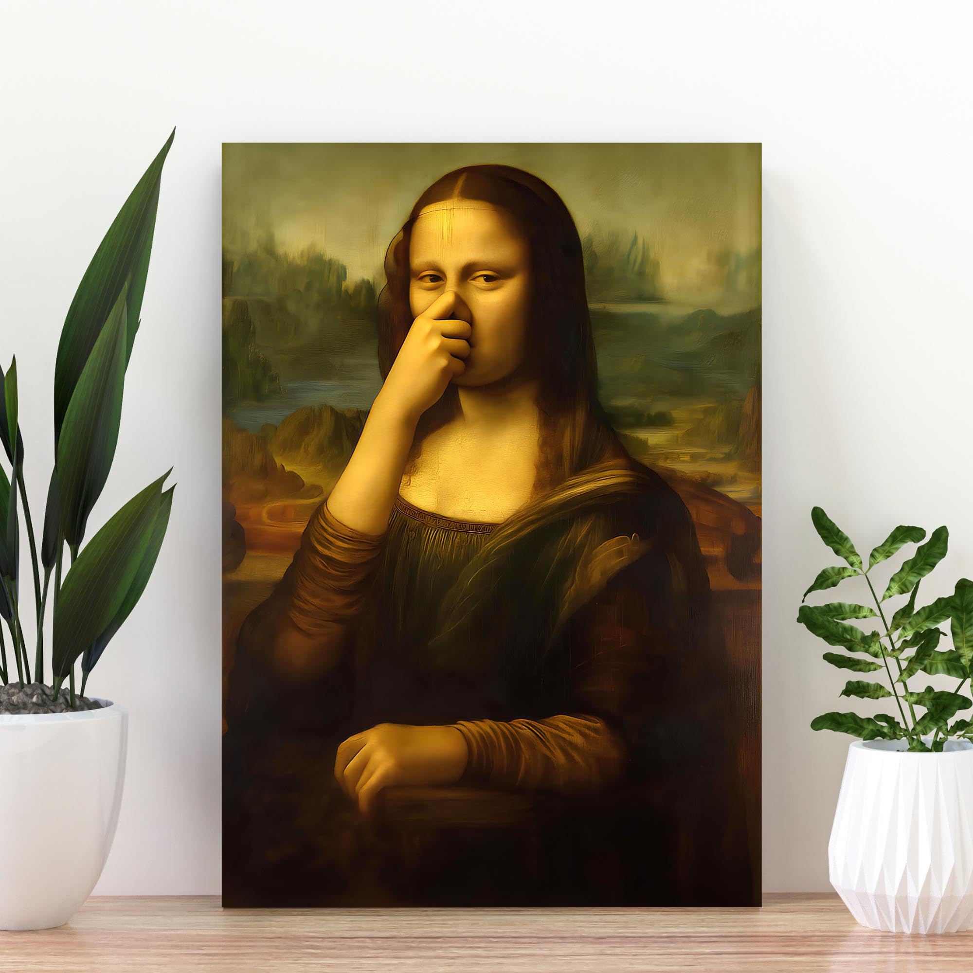 Zabawny plakat - Mona Lisa z papierem toaletowym i gestem szczypania nosa - ironiczna dekoracja na ścianę łazienki, toaleta dla gości lub łazienki (40 x 60 cm (16 x 24 cale))