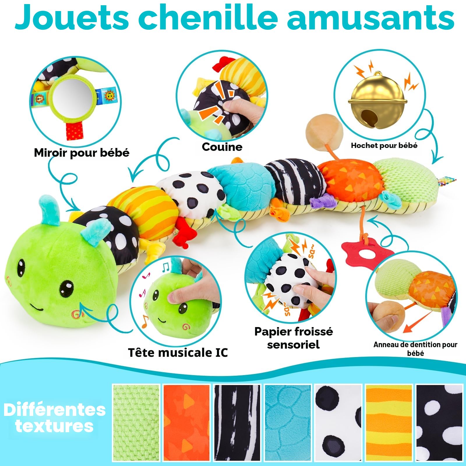 Jouet Bebe 0 3 6 Mois Jouet Peluche Chenille Musicale, Jouet Sensoriels Montessori, Jeux Eveil Bebe 0-3 3-6 Mois avec Hochet Miroir Bebe, Cadeau Naissance Garcon Fille 0-6 Mois