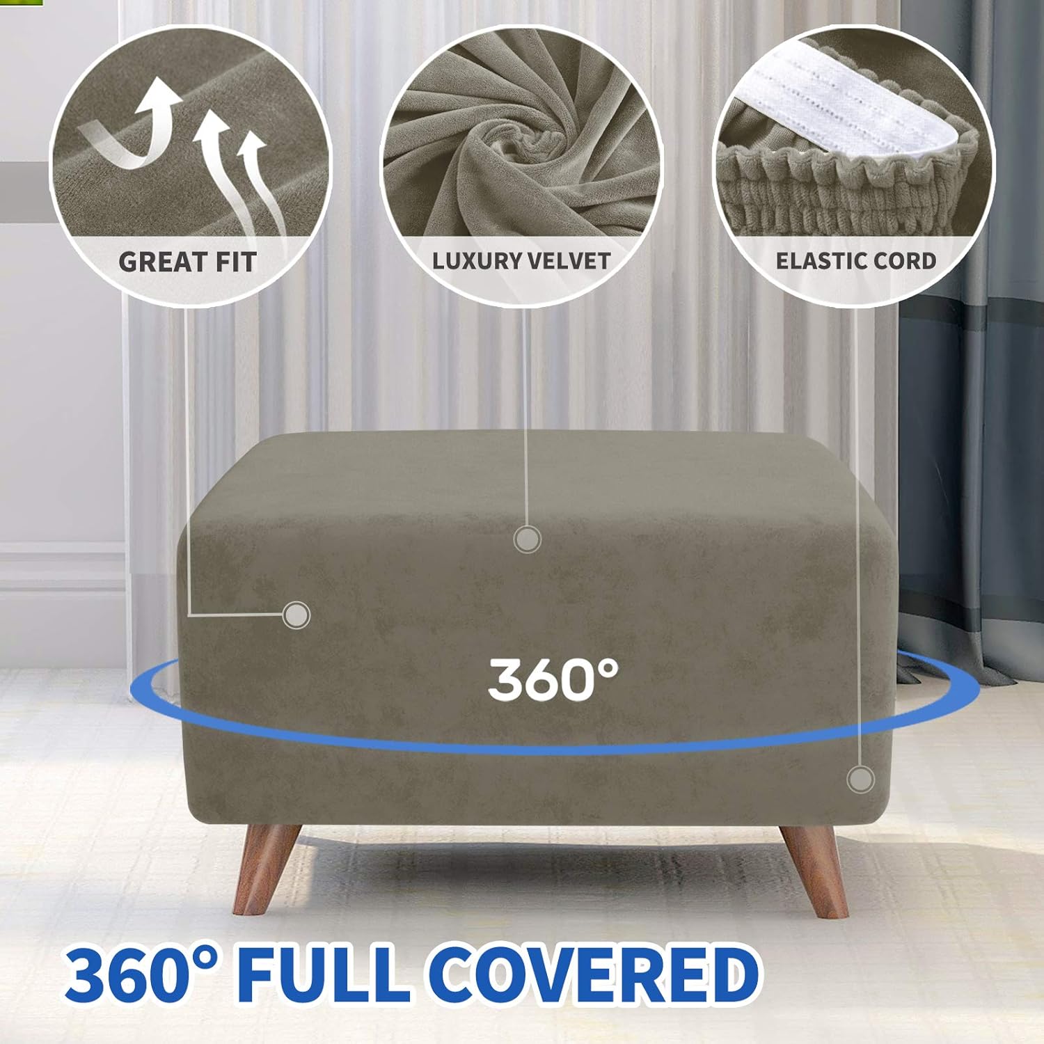 MAXIJIN Small Size Velvet Recliner Chair Cover + Small Size Velvet Ottoman Cover (Khaki)