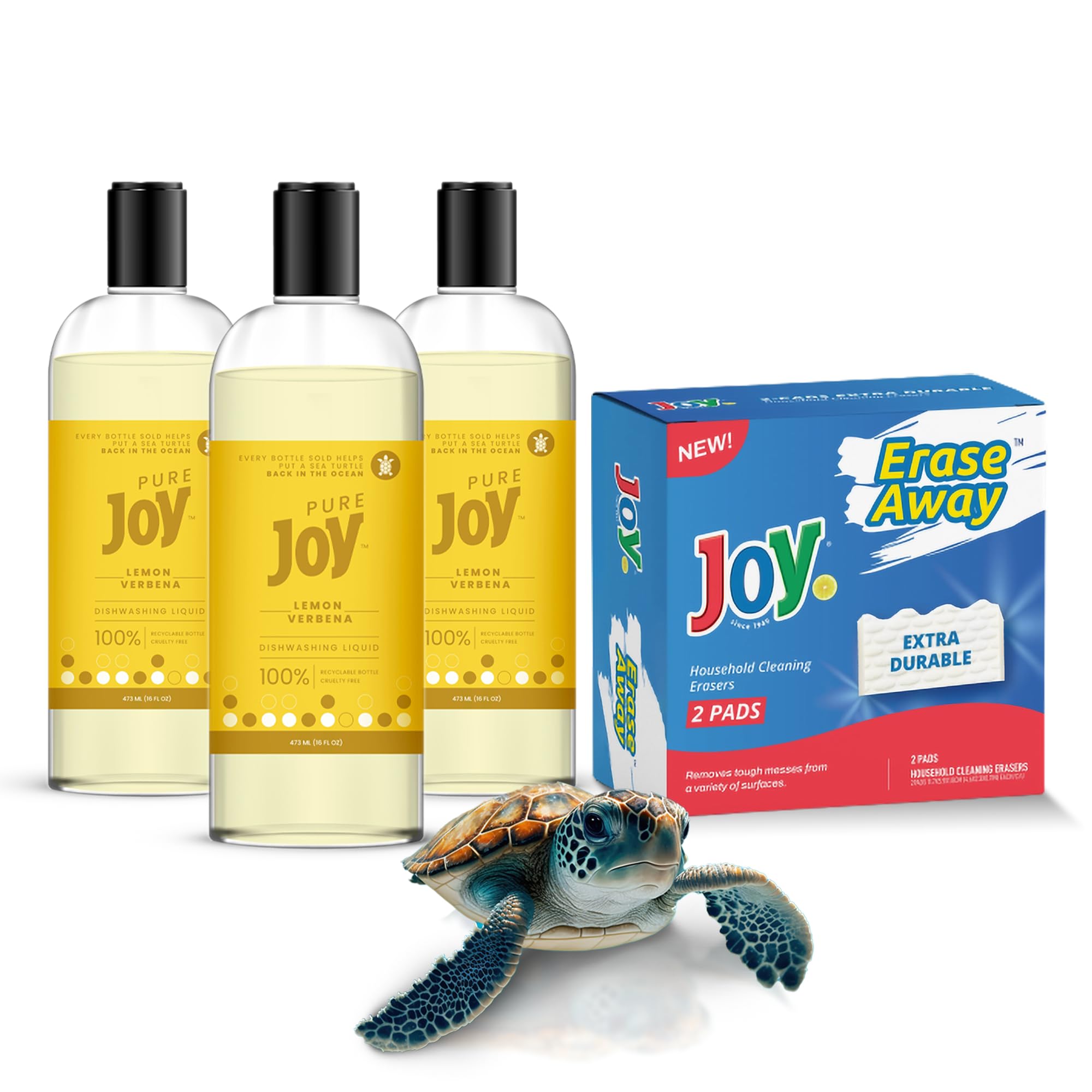 JOYPure Natural Liquid Dish Soap | Biodegradable Formula | Lemon Verbena Scent | 16 fl. oz - Pack of 3, Bundled With 2 Erase Pads