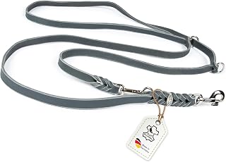 Hundeleine Leder 3m kleine Hunde leicht Fettlederleine [3-Fach Verstellbar] Lederleine geflochten – robuste Leine Hund mit Chrombeschlägen – Führleine Hund & Freihandleine zum Umhängen, Grau 8mm