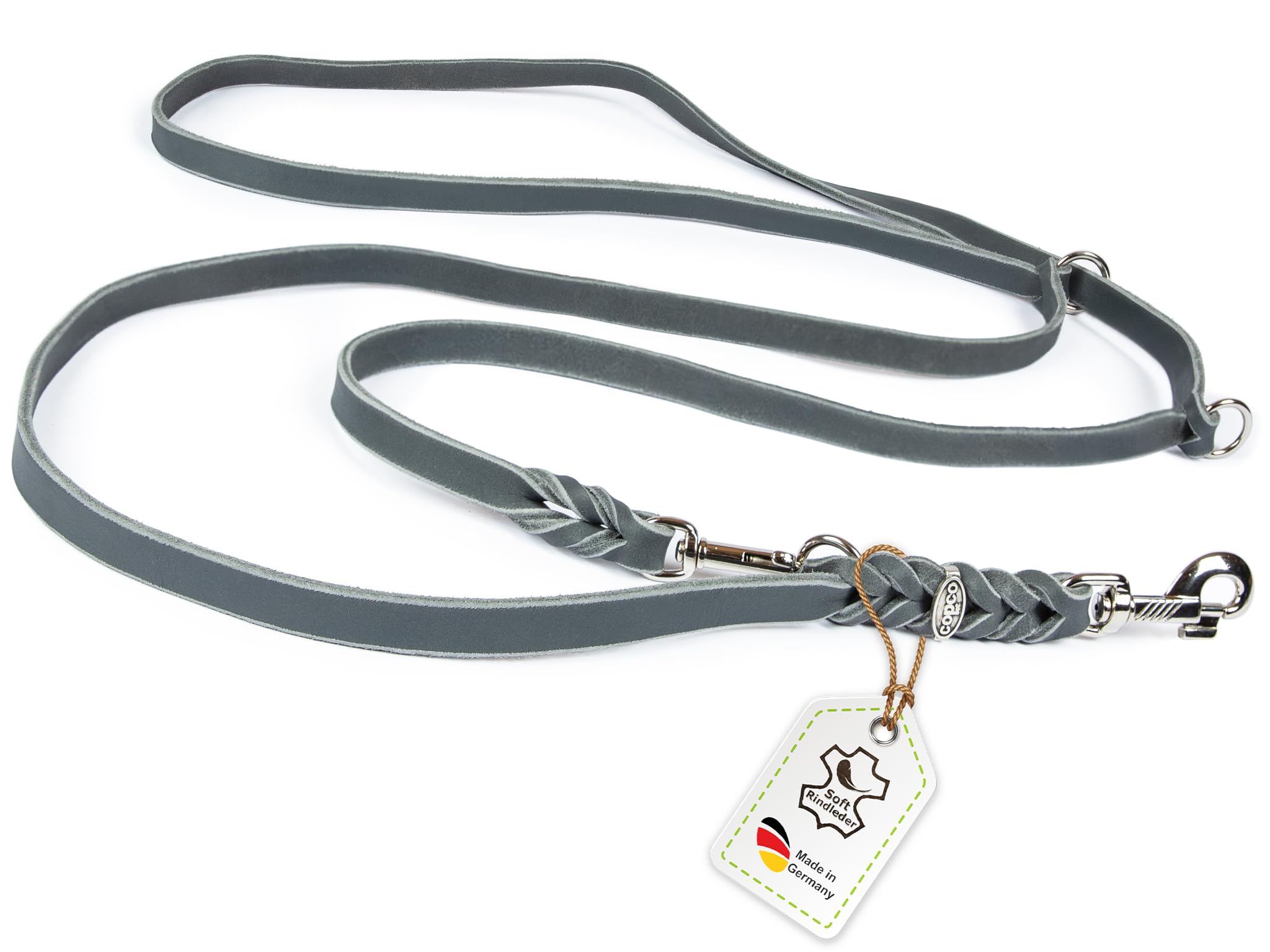 Hundeleine Leder 2,80m kleine Hunde leicht Fettlederleine [3-Fach Verstellbar] Lederleine geflochten – robuste Leine Hund mit Chrombeschlägen, Führleine Hund & Freihandleine zum Umhängen, Grau 10mm