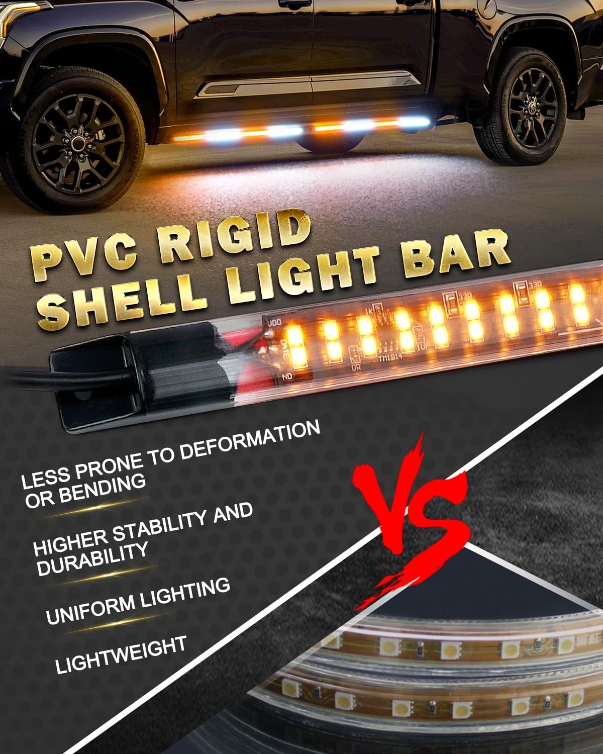 LUMENIX 70 Inch Emergency Running Board Rigid Strobe Lights Strip Bar 864 LED Flashing Warning Safety Light with Controller for Construction Vehicles Work Commercial Trucks Pickups Cars - Amber White