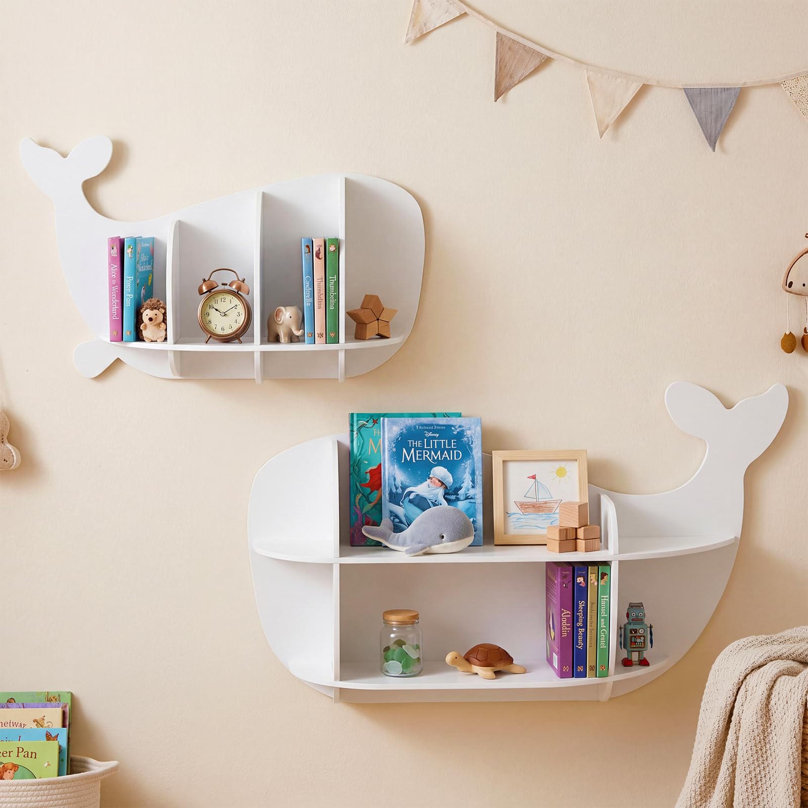 COSTWAY Set di 2 Mensole da Muro per Bambini a Forma di Balena in Legno | Libreria da Parete con Scomparti, Antiribaltamento e Bordo Protettivo, Decorazione per Cameretta, Soggiorno e Sala Giochi