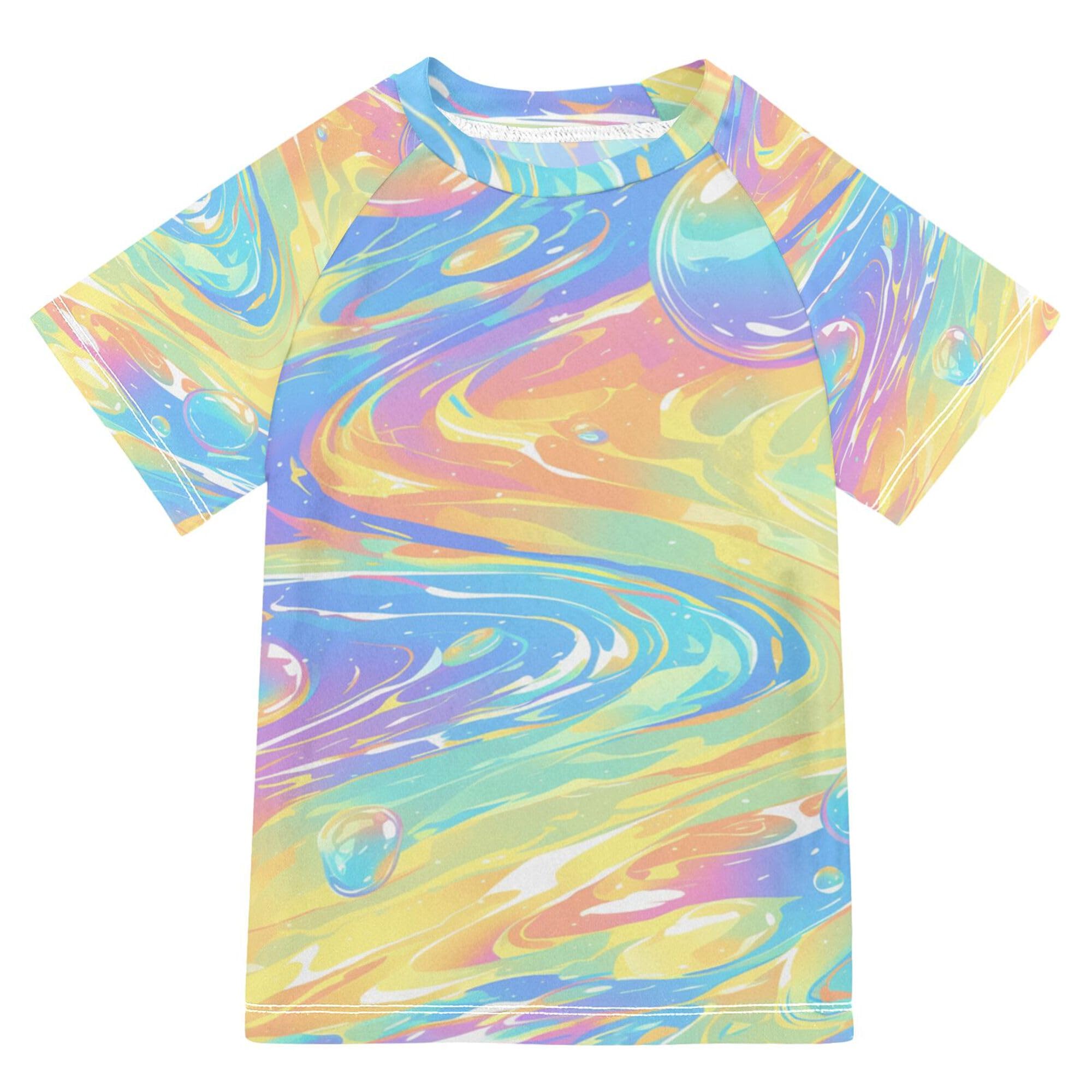 Rainbow Colorful Waves Fluid Girl Bathing Suit Sun Protection Girls Rashguard Swimwears Volleyball Shirts for Youth Boy 4T