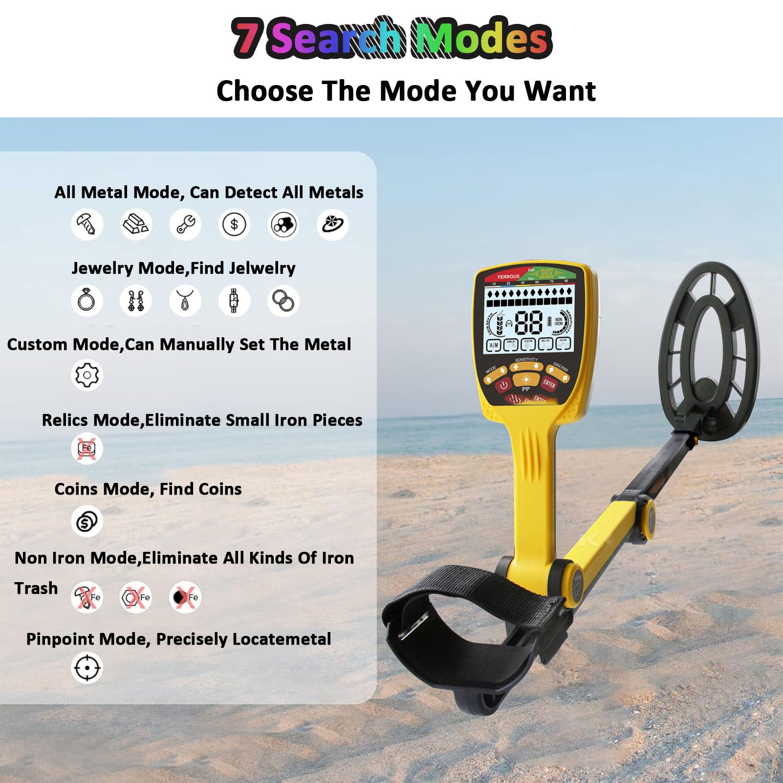 Metal detector impermeabile con cuffie, display LCD ad alta precisione, design pieghevole, ideale per la caccia all'oro e al tesoro