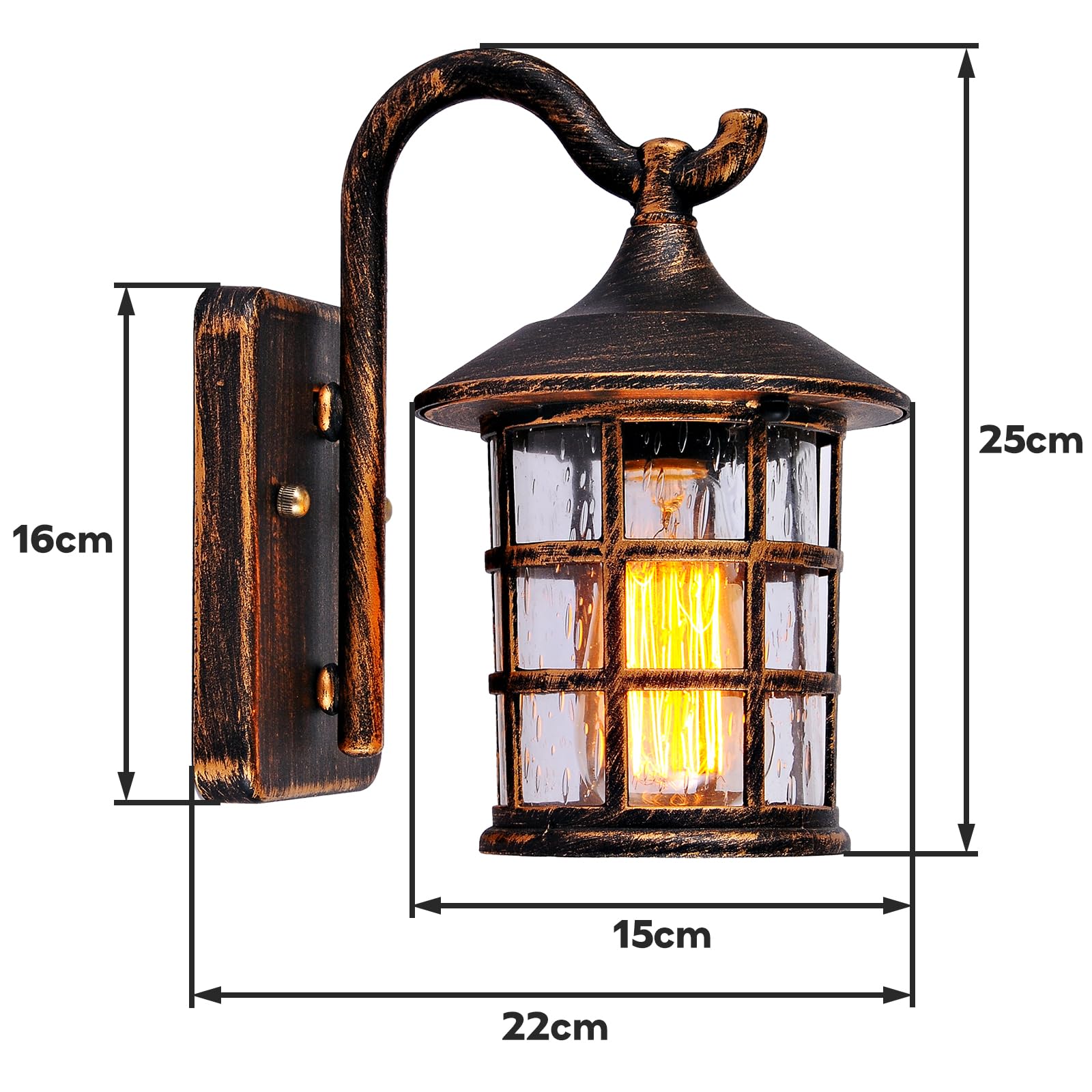 Applique da Esterno Vintage E27 IP44 Alluminio, Marrone | Lampada con Paralume in Vetro Impermeabile IP44, Attacco E27, senza Lampadina, Lanterna per Giardino Terrazza Balcone Parete