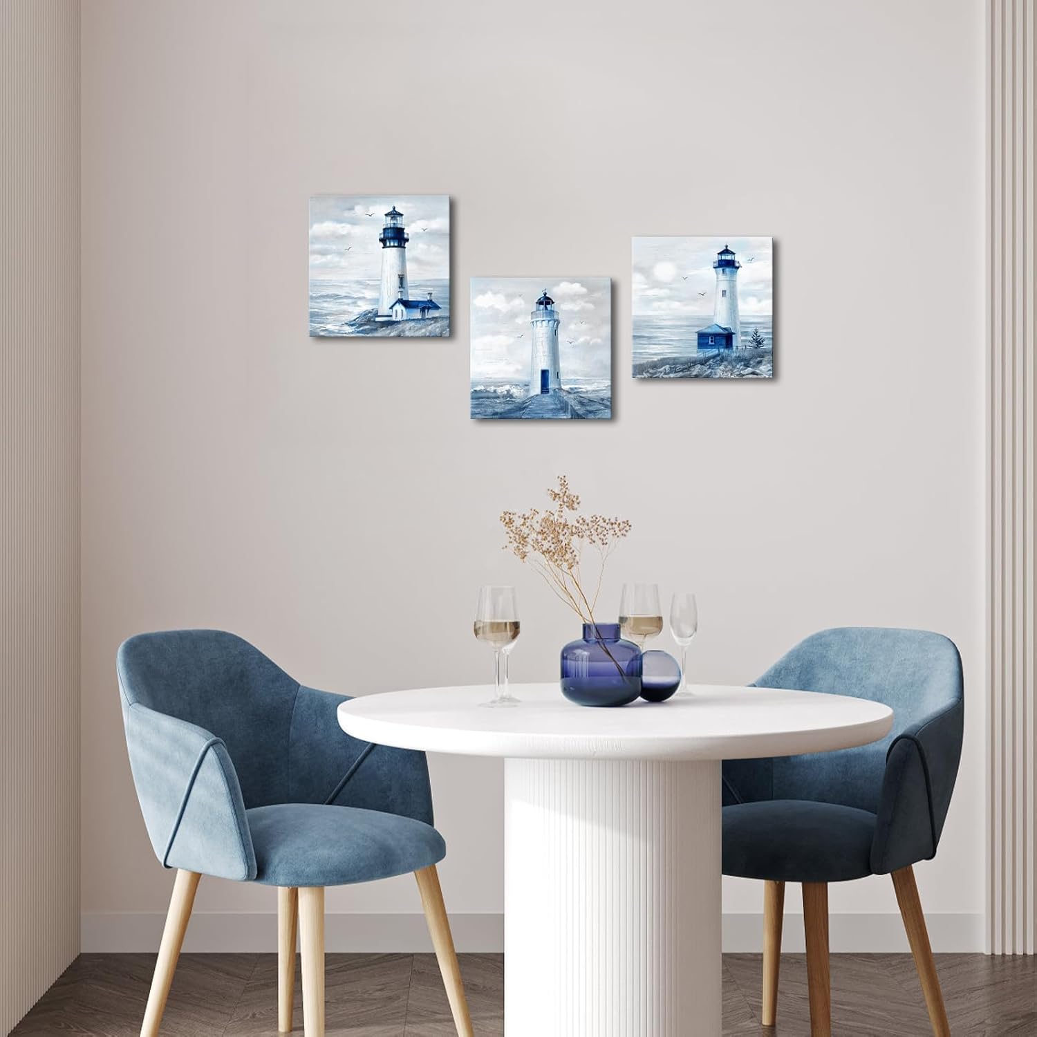 Visual Art Decor Lighthouse Decor Ocean Nautical Painting Blue Bathroom Wall Decor Lighthouse Pictures Framed Artwork for Walls