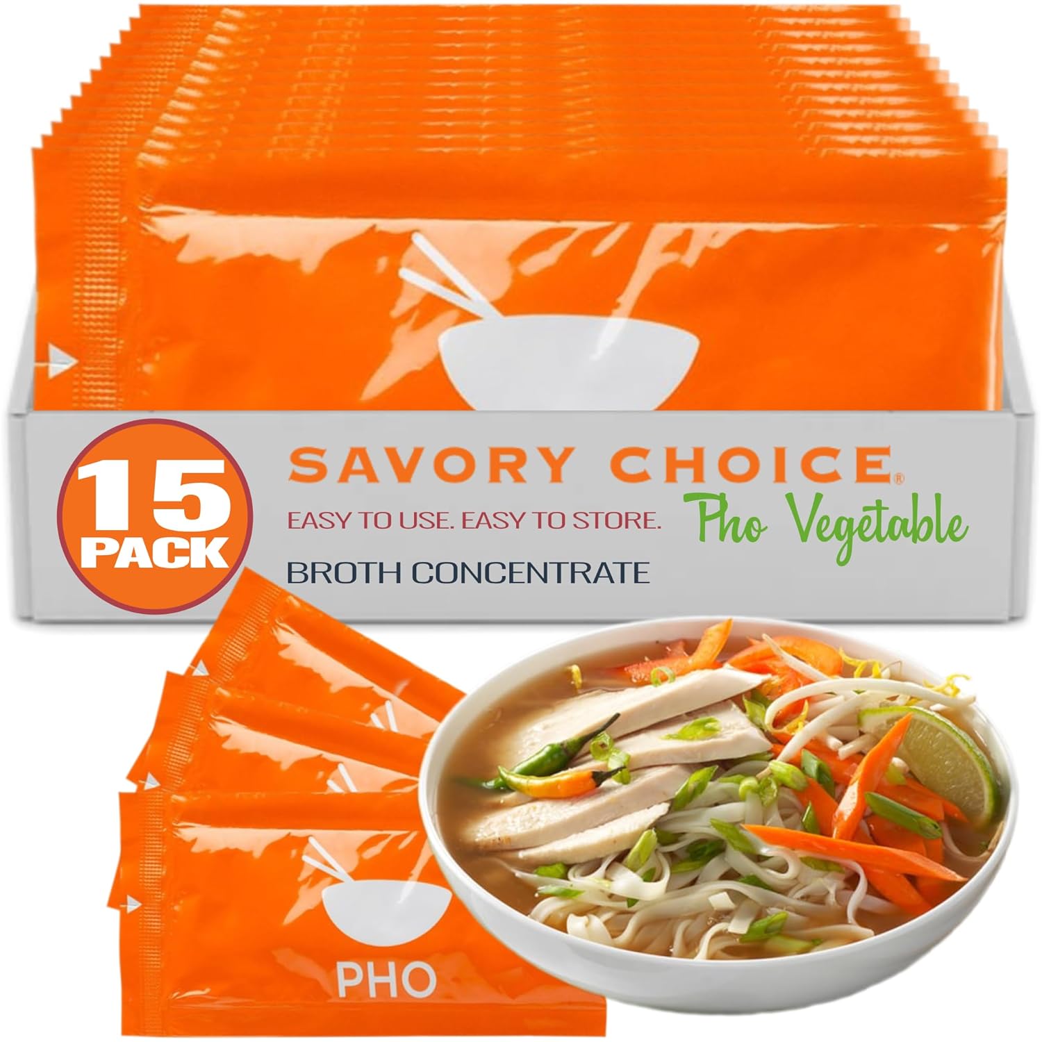 SAVORY CHOICE Pho Liquid Vegetable Broth Concentrate, 45 Packets (15g) - Vegan, Vegetarian, Gluten-Free, Diary-Free Broth Concentrate