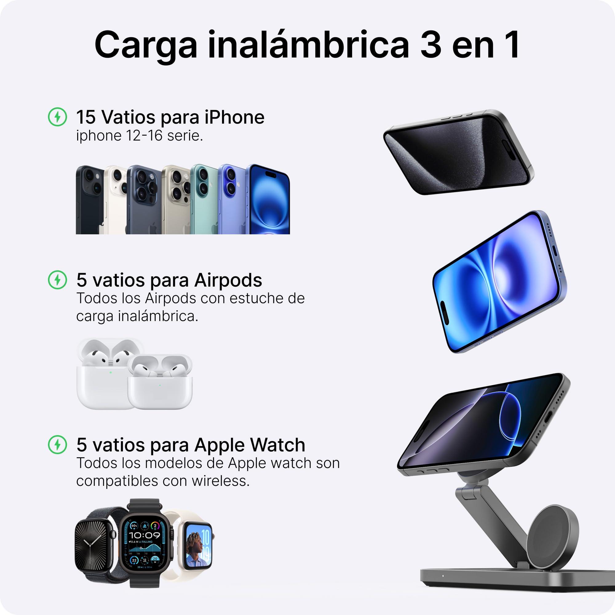 Voomy Carga inalámbrica 3 en 1 MagSafe – Estación de Carga para iPhone, Apple Watch y AirPods – 15W, diseño Plegable, con USB-C y Adaptador – Compatible con MagSafe y Qi