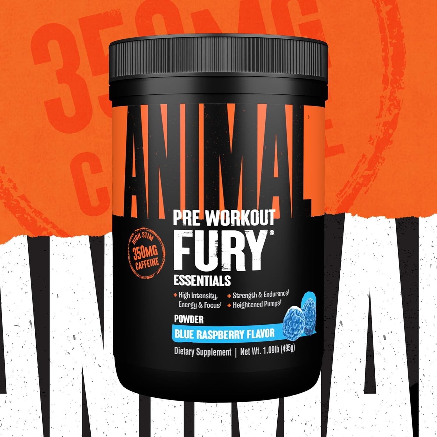 ANIMAL Fury Pre Workout Blue Raspberry - potenciador del entrenamiento con BCAA, beta-alanina, citrulina y 350 mg de cafeína - Para concentración, bombeo y energía - 483g