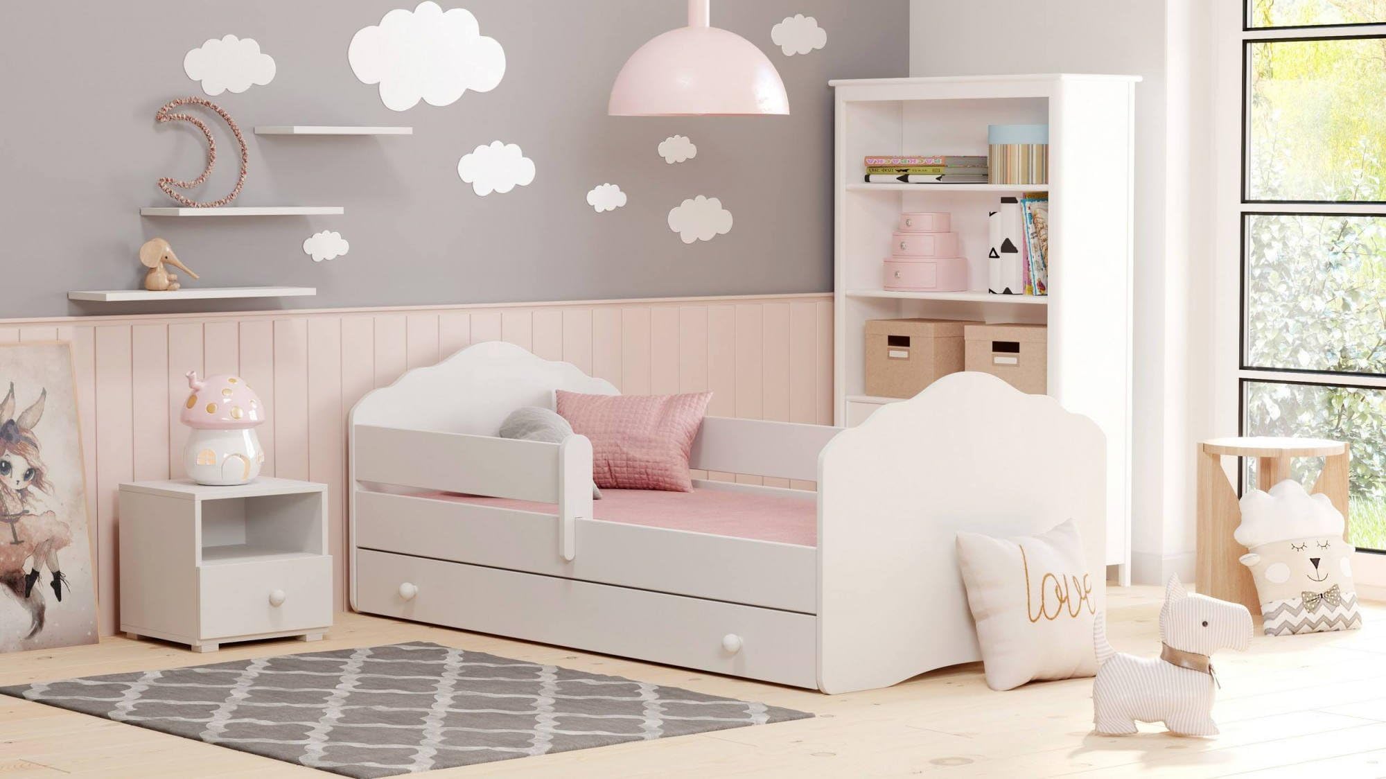 Dmora - Einzelbett für Kinder, Kinderbett mit Rausfallschutz und Wolken-Kopfteil, 164 x 88 x 63 cm, weiß