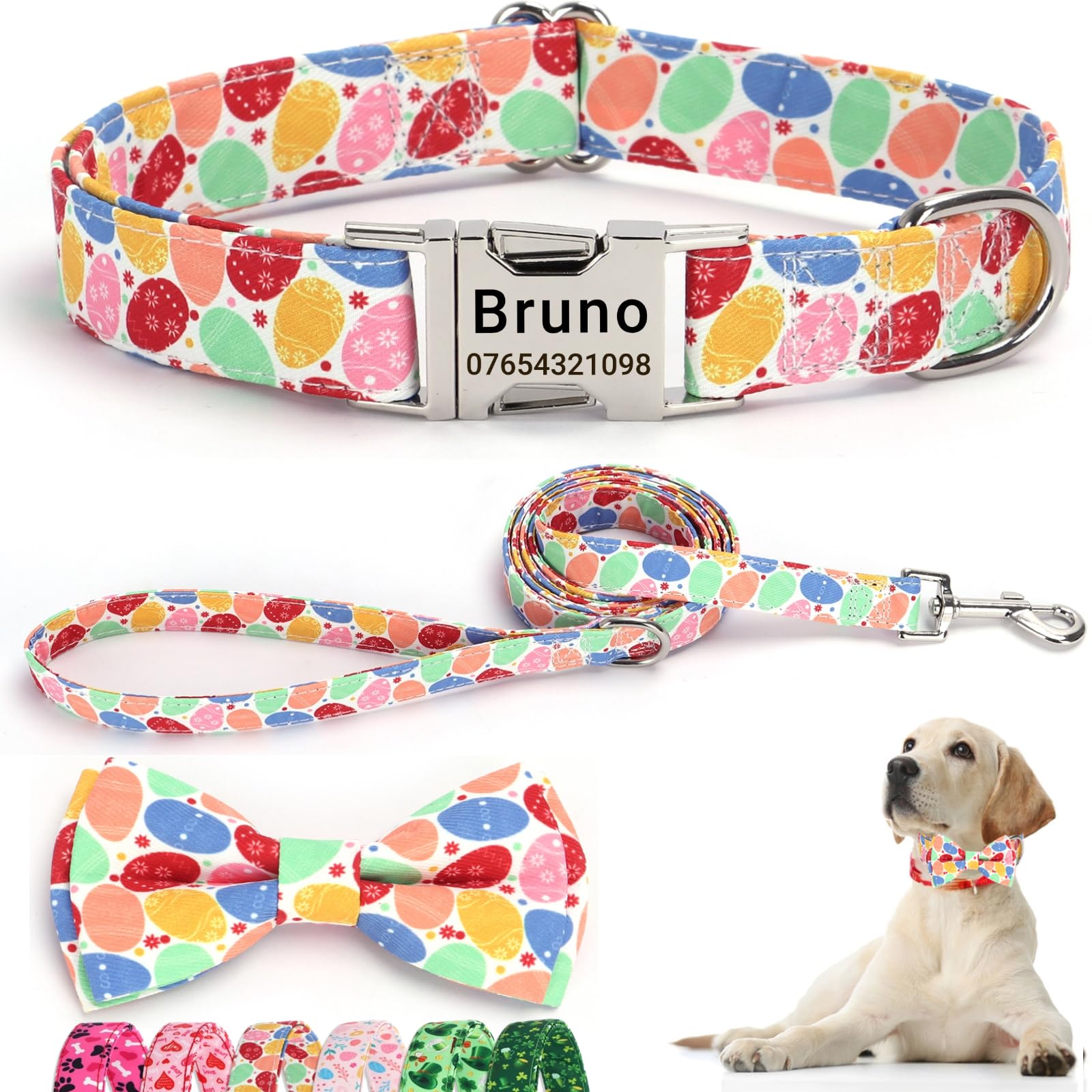 SEOUGEE Easter Dog Collar Personalised with Bowtie & Lead Set, Adjustable Cotton Dog Collars and Leash with Engraved Metal Buckle for Small Dogs (Easter Eggs Set, S:Neck 30-40cm)