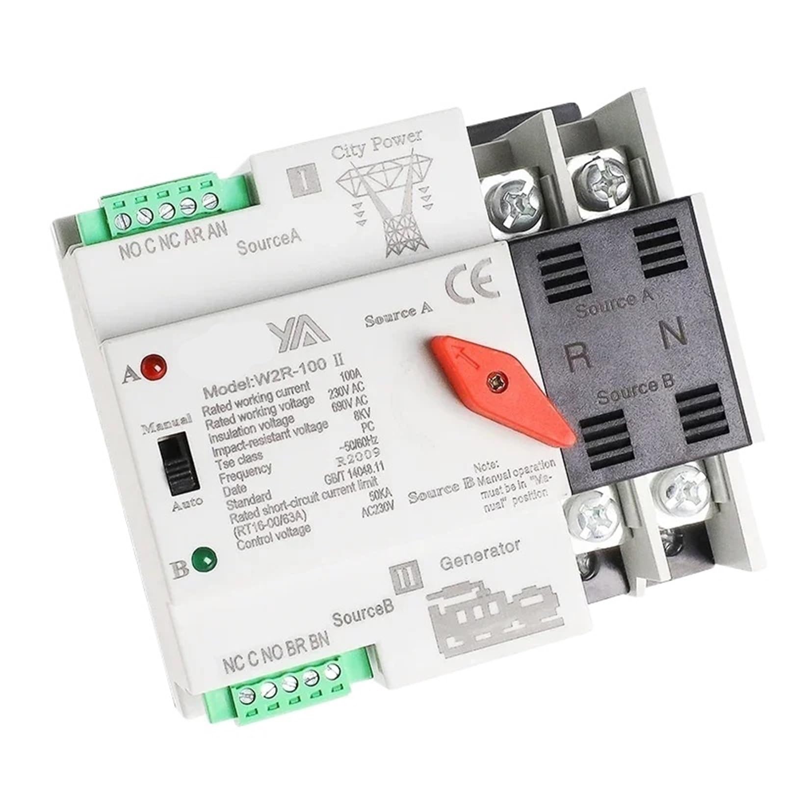 Interruttore di trasferimento automatico a doppia alimentazione W2R ATS 110V 220V PC 63A 100A Interruttore di trasferimento di alimentazione domestica 50/60Hz
