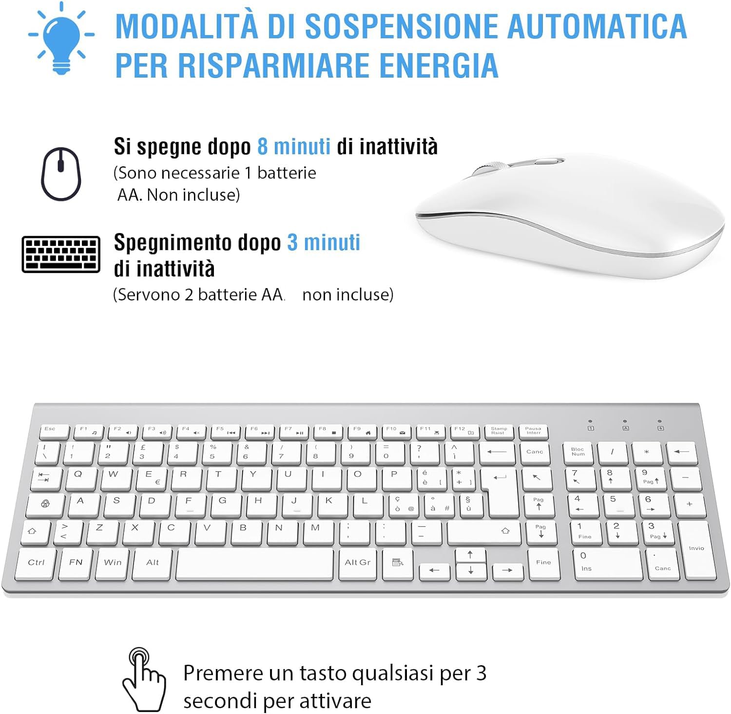 cimetech Tastiera e Mouse Wireless, Layout Italiano QWERTY, Tastiera Ultra-Sottile ‎Ergonomico Full-Size 2.4Ghz Wireless Mouse Tastiera Numerico con Ricevitore Nano per PC/Laptop/Win7/8/10（Argento）