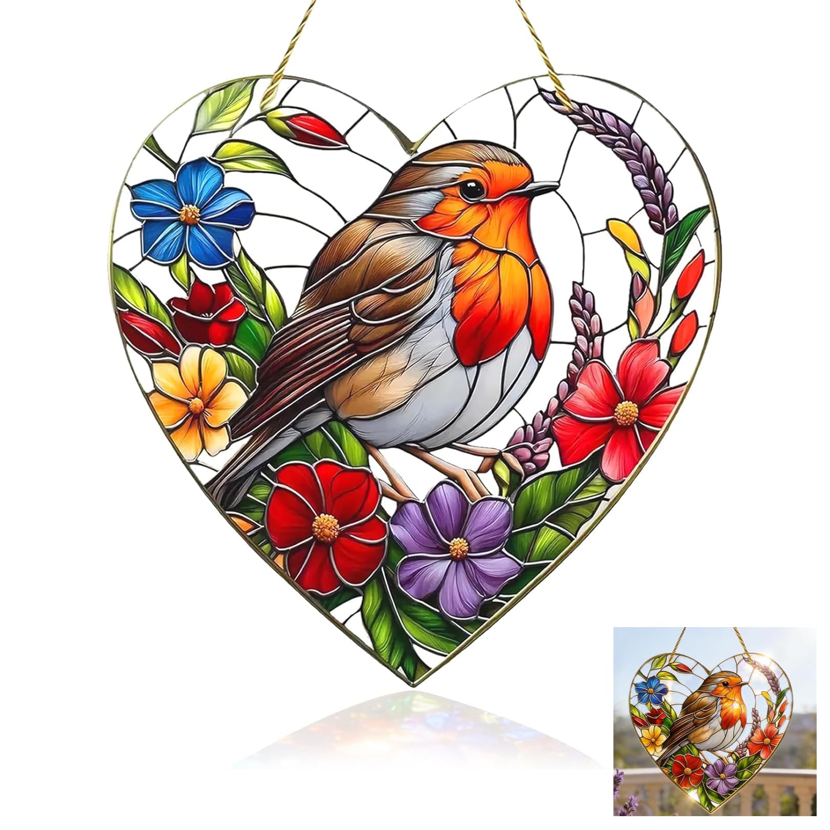 Yxinsyuan Red, Yellow Robin Gifts,Sun Catchers For Windows,Heart-Shaped Stained Robins Suncatcher Hanging Garden Ornaments Acrylic Colorful Window Sun Catchers Decoration Gift Kit For Family,Friends,Colleagues(20X20cm)