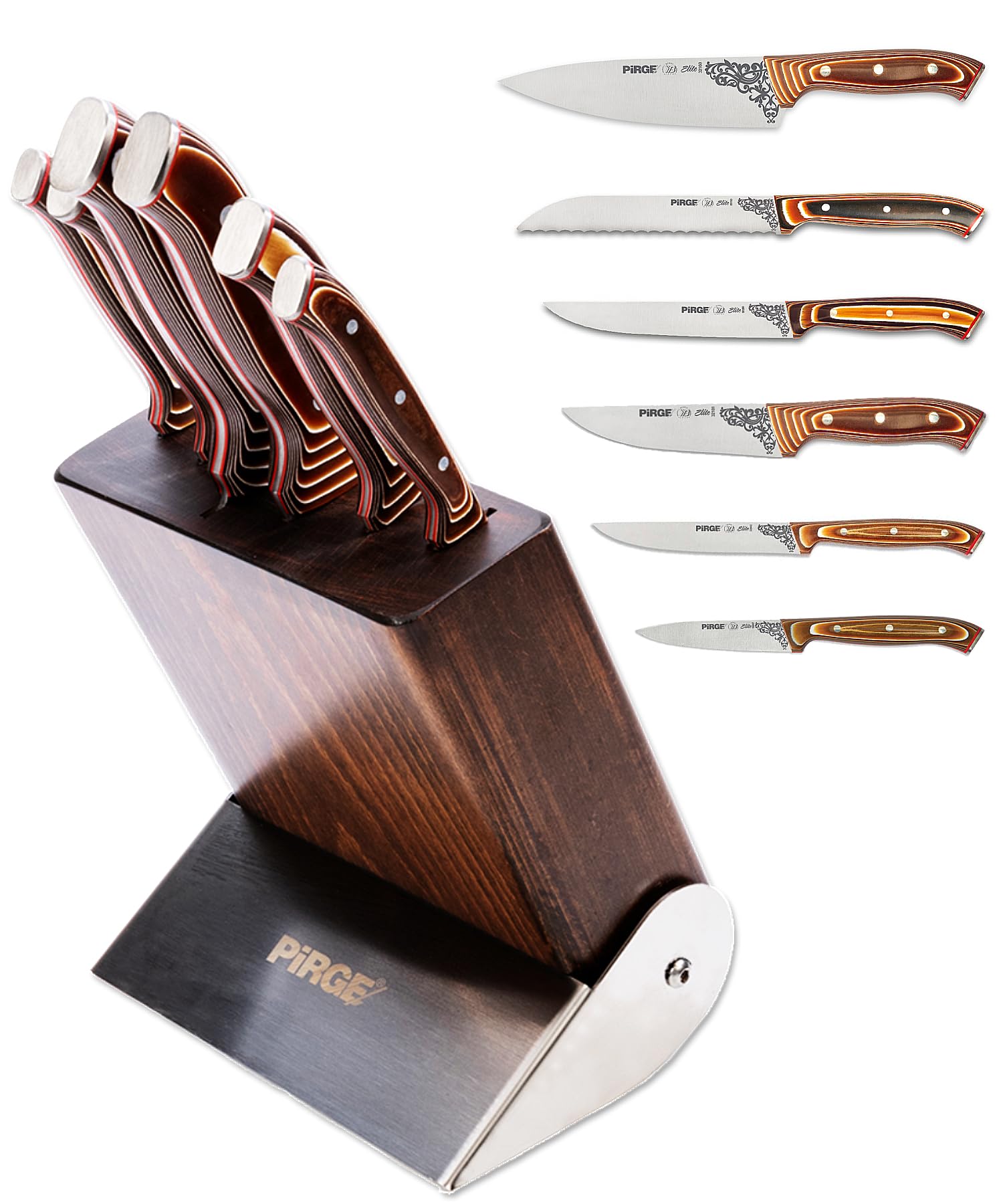 Pirge Elite - Juego de cuchillos de cocina con bloque de 7 piezas, acero inoxidable, madera compuesta, con bloque de madera de carpe, 56 HRC, acero inoxidable alemán con alto contenido de carbono, DIN