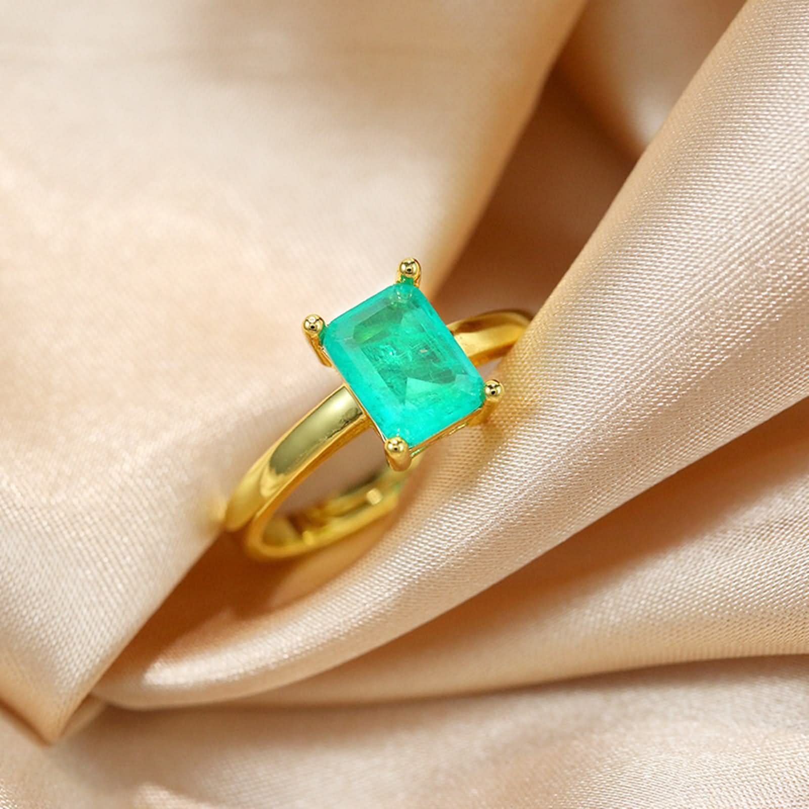 WXKAGF Verstellbarer offener Ring, quadratische Gold-Verlobungsringe mit grünem Smaragd-Edelstein, S925-Sterlingsilber, verstellbar