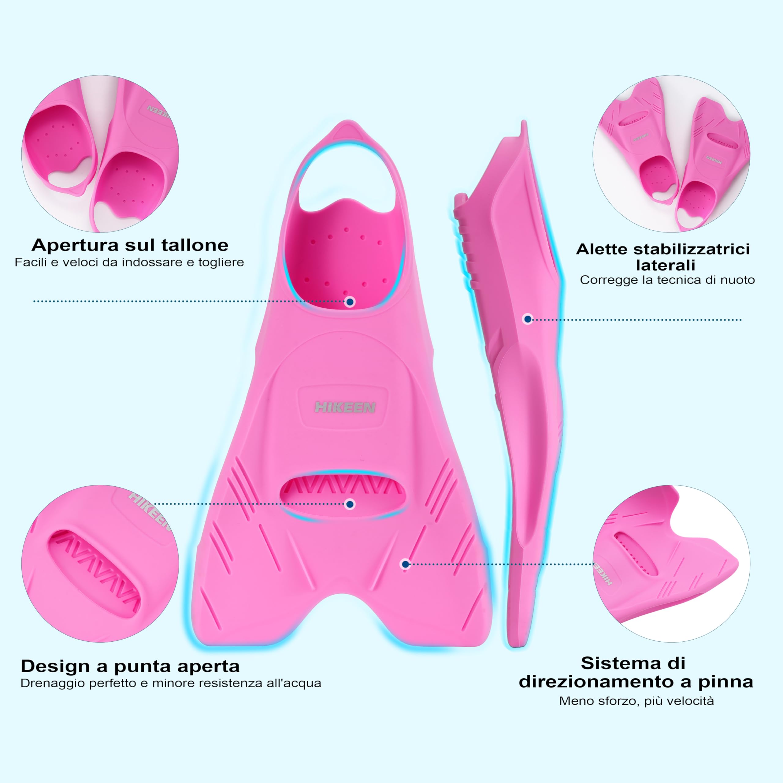 Hikeen Pinne Corte da Nuoto con Tallone Aperto, Pinne in Silicone Puro per Adulti e Adolescenti, Pinne per Snorkeling con Punta Aperta e Bassa Resistenza, Include Borsa a Rete