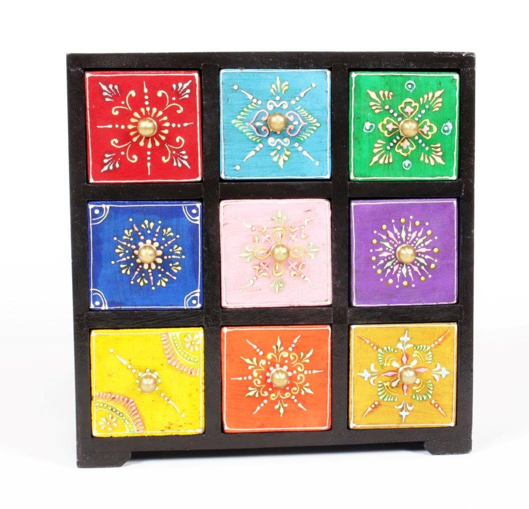 Home and Bazaar Wooden Traditional Handpainted Antique Finish 9 Drawer Chest (8.5 x 4.5 x 8.5 Inch, Multicolour) 3