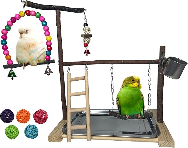 Bird Playground Parrot Playstand Parakeet Gym Playpen Cockatiel Play Stand Wood Perch Exercise Activity Center Ladders Feeder Cups Cage Accessories Swing Chew Toys for Cockatoo Budgie Lovebird Finch