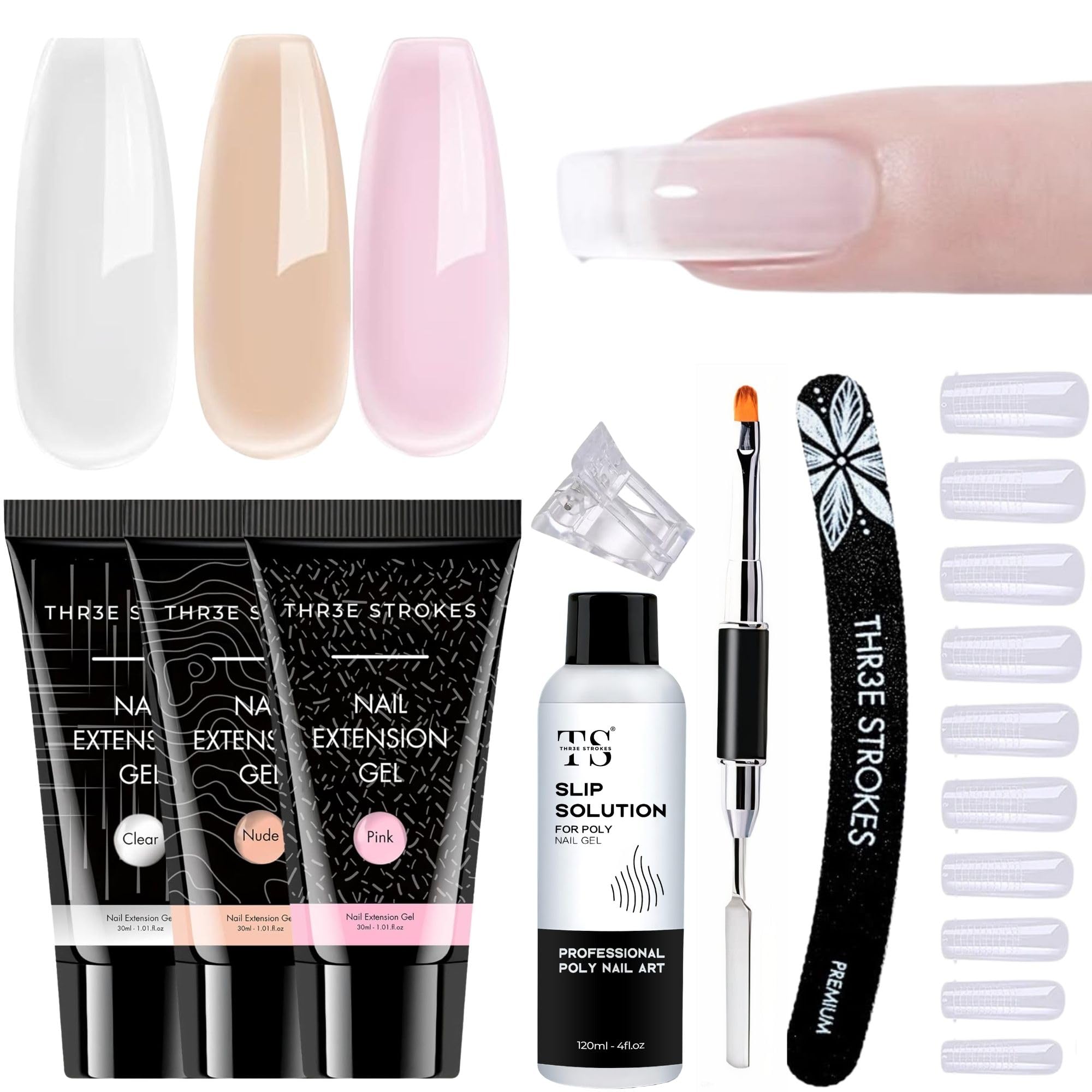 THR3E STROKES Poly Extension Gel Nail Kit, Clear Nude Pink Builder Nail Gel Kit With Slip Solution Dual Nail forms, Nail Clips for Poly Gel, Nail Starter Kit, Home Manicure Set (EMERALD KIT)-image-44