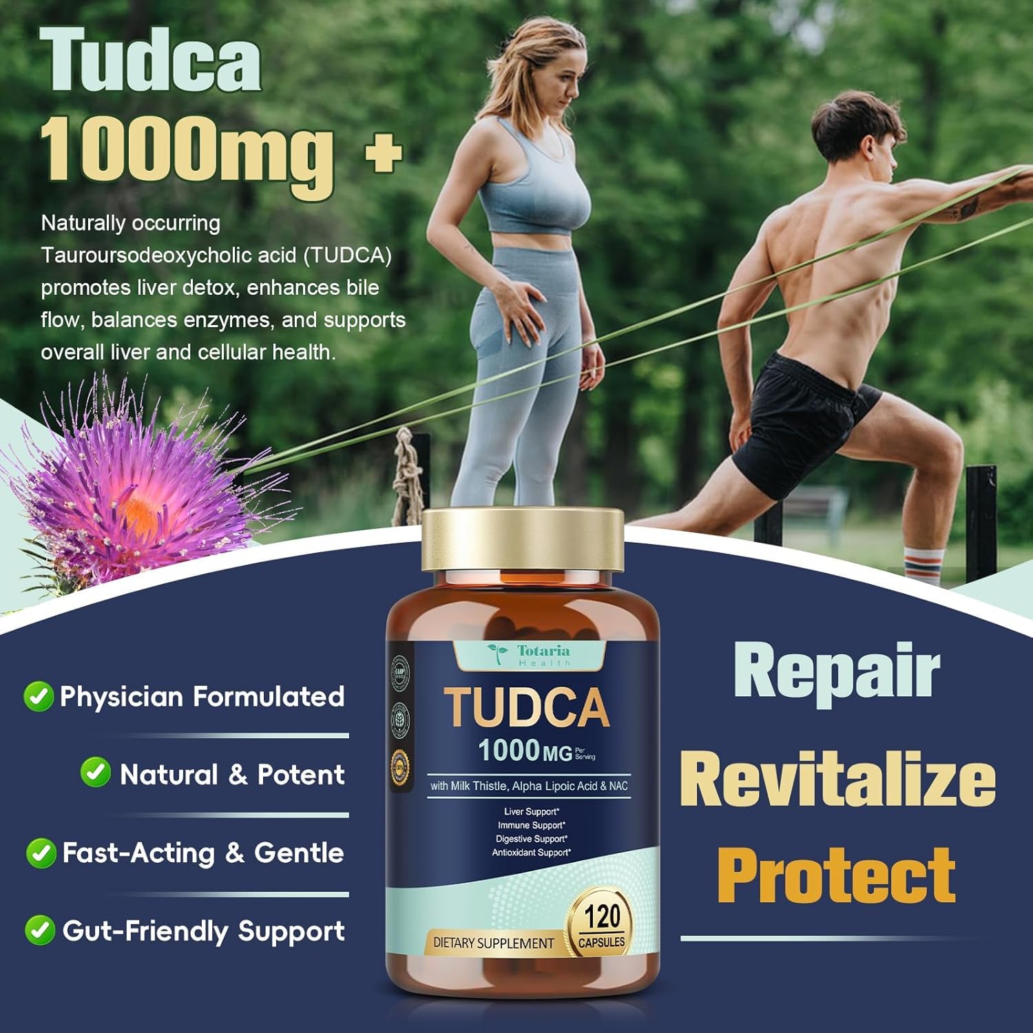 Totaria 2 Packs TUDCA 1000mg Liver Support Supplement with Milk Thistle, NAC, ALA, 80% Silymarin, 15-in-1 Extra Strength Bile Salts