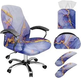 Xoenoiee Purple Marble Pattern Office Chair Cover 5 in 1 Set Stretchable Computer Chair Slipovers with Armrest Covers + Tissue Box Holder + 5-Compartment Remote Control Holder, Large