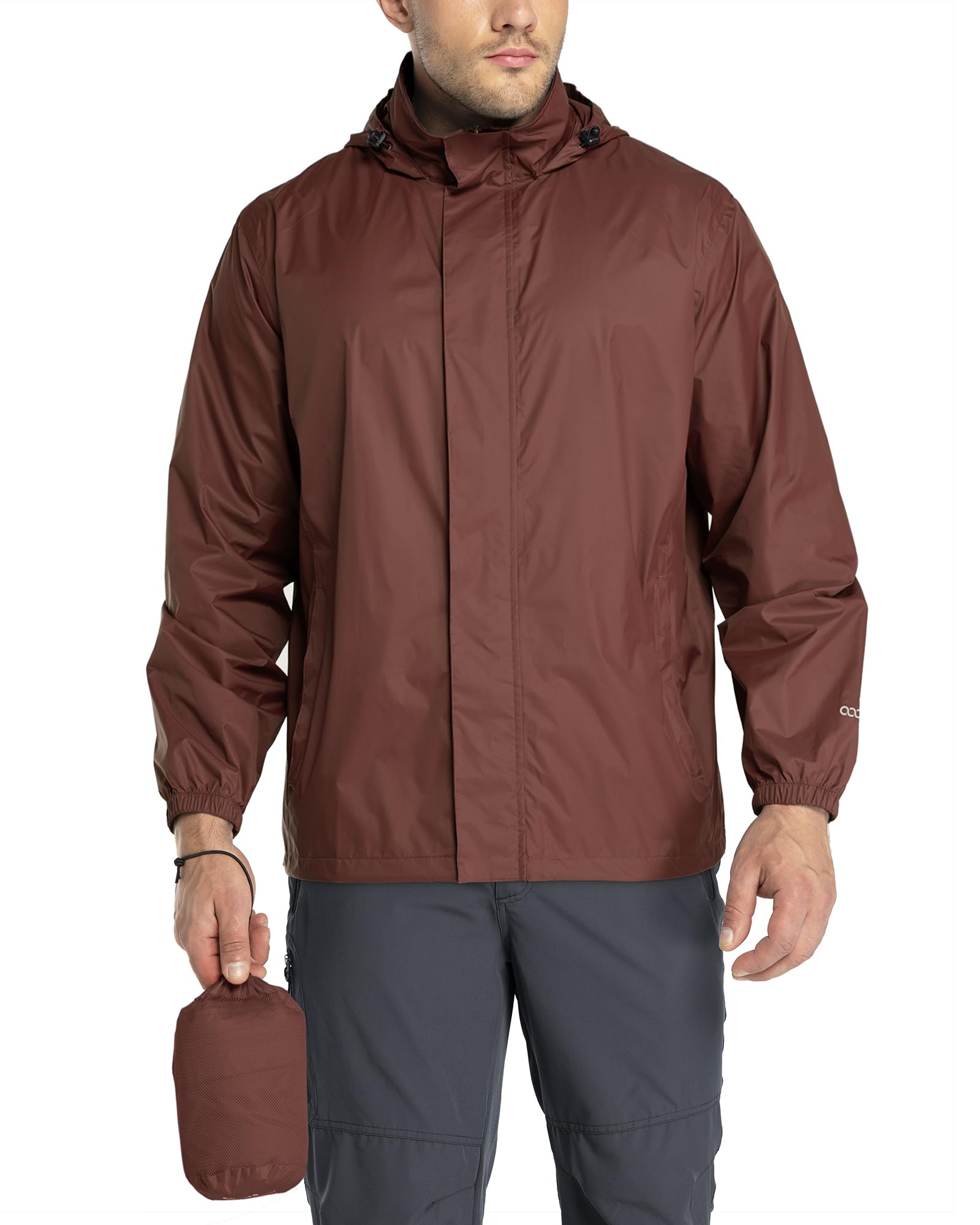 33,000ft Regenjacke Herren Leicht Wasserdicht Faltbare Regenmantel mit Kapuze Fahrrad Rain Windbreaker Windjacke Camping Outdoor Dunkel Rot L