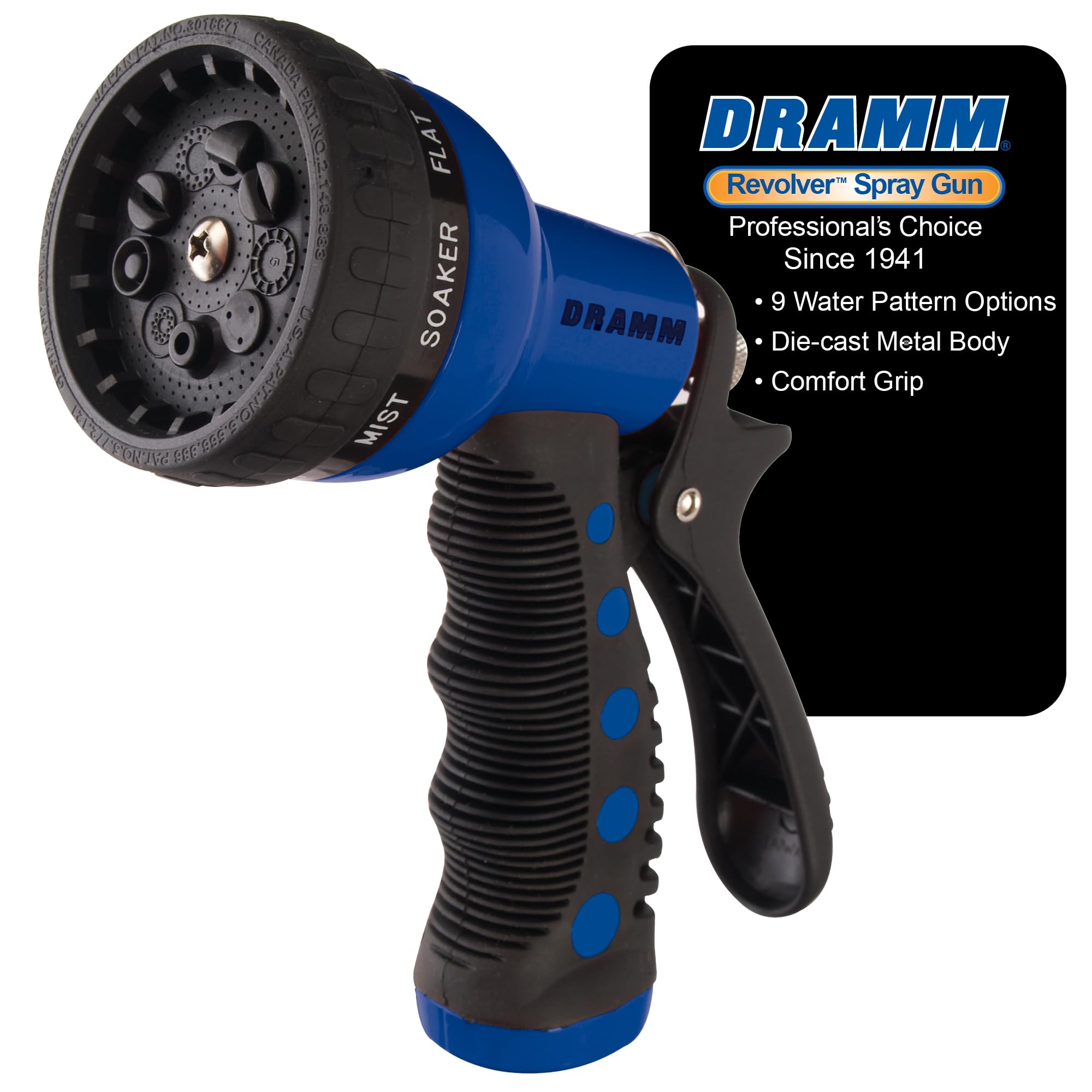 Dramm Revolver Heavy Duty Metal Garden Hose Nozzle – 9 Spray Patterns, High Pressure Jet, Thumb-Control Flow, Ergonomic Grip – Blue