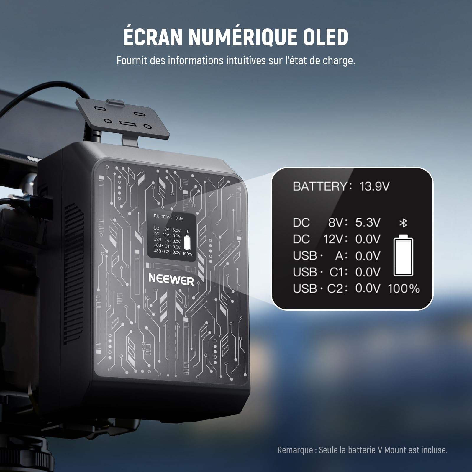NEEWER Batterie Mini V Mount,Contrôle App,6800mAh,99Wh,100W,PD,Charge Rapide,avec écran OLED & Chiffon Nettoyage,Alimentation de Secour Compatible avec BMPCC 4K & 6K,Caméra,Moniteur,Lampe Vidéo,PS099S