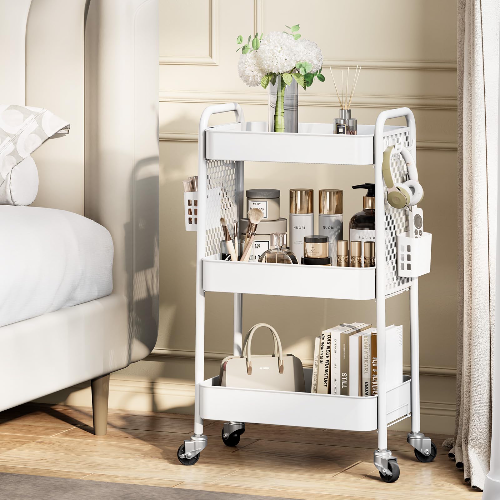 Urackify Carrello portaoggetti per varie applicazioni, carrello in metallo a 3 livelli con pannelli forati fai da te, cesti e ganci per riporre extra in cucina, bagno, ufficio, aula e altro ancora,