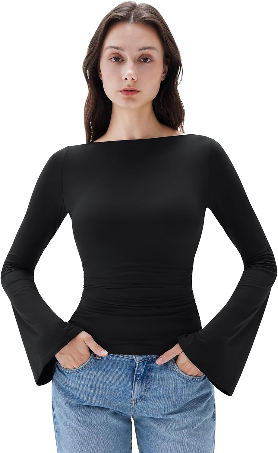 SUUKSESS Women Crew Neck Bell Sleeve Tops Double Lined Going Out Fitted Basic T Shirts