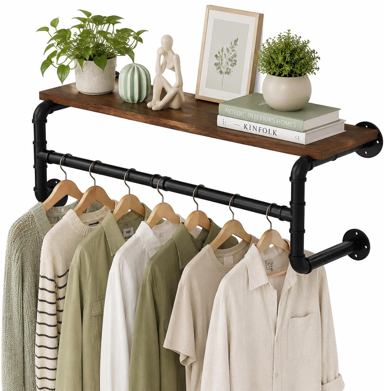 NBOUOU Wall Mounted Clothes Rail, 70cm Industrial Pipe Clothing Rack, Heavy Duty Clothes Rail with Top Shelf, Shelves Clothes Hanging Rails, Space Saving for Bedroom, Home, Shops, and Closets