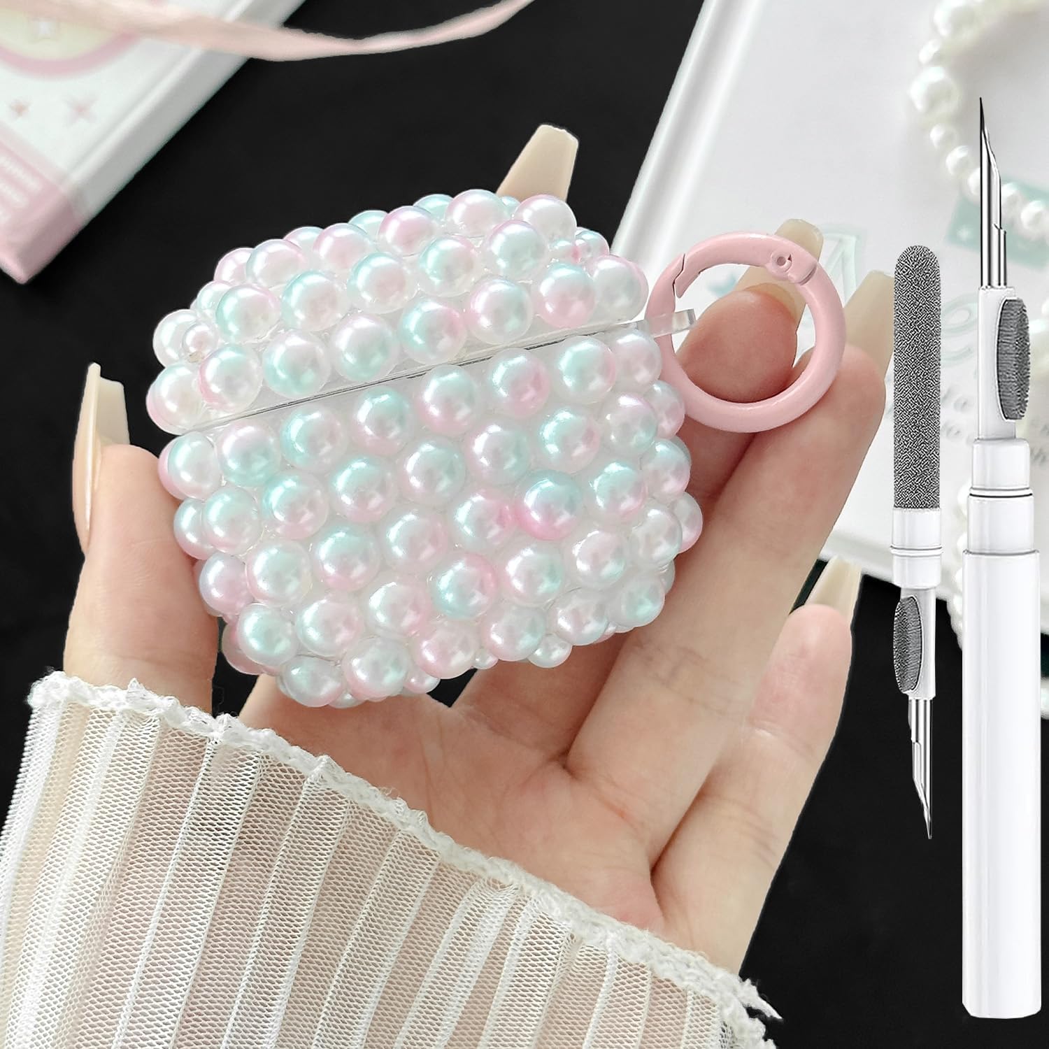 Cute Pearls Case for Airpods 4/5 Case Girls Women, Gradient Pink