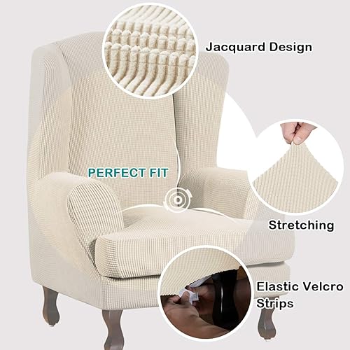 Miniatura 4 de Turquoize Fundas elásticas para sillas con respaldo de ala, 2 piezas, fundas elásticas para sillas con respaldo alado, tela jacquard de elastano con