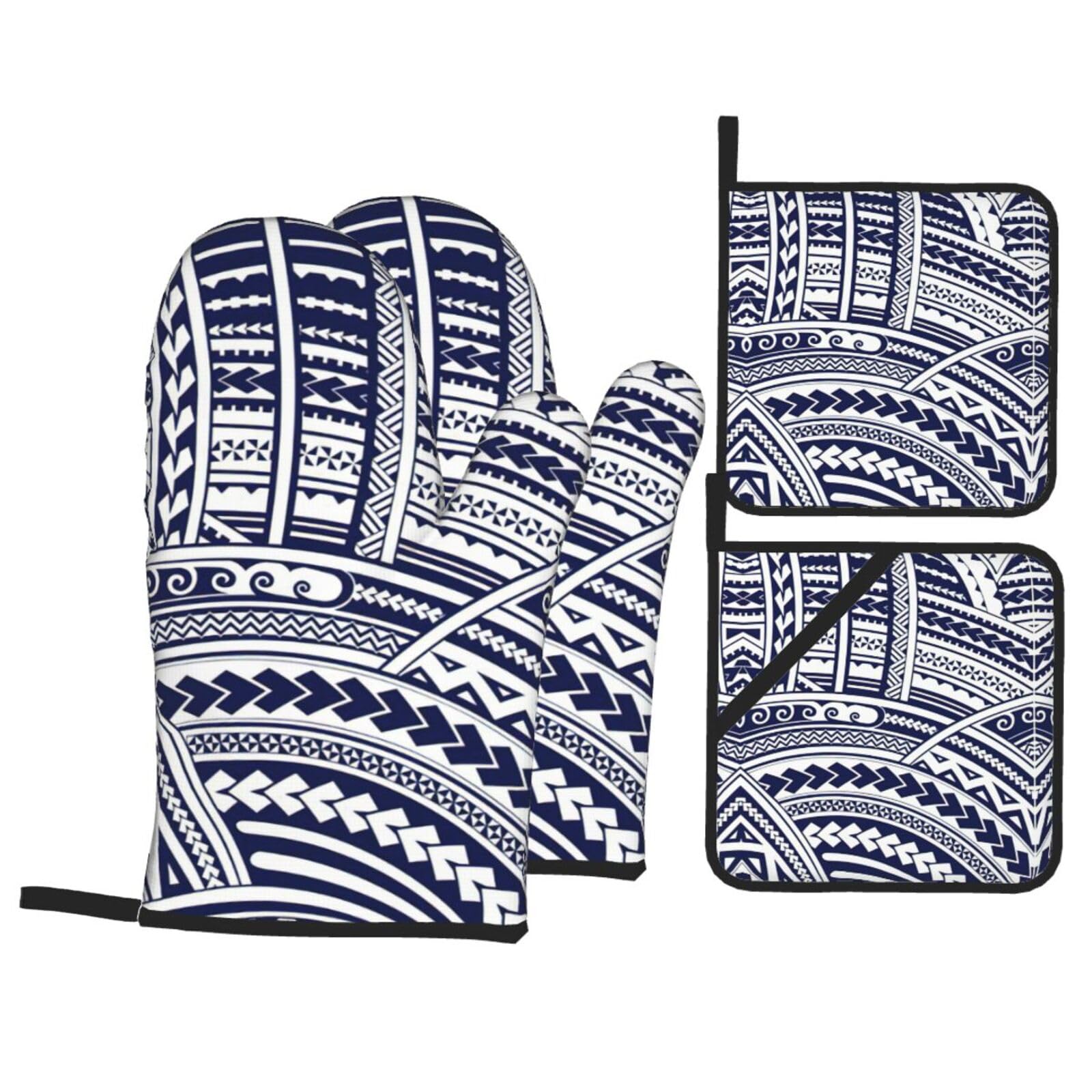 Blue Polynesian Maori Tribal Pattern Print Oven Microwaving Waterproof Kitchen Gloves for Baking Grilling Holiday Cooking