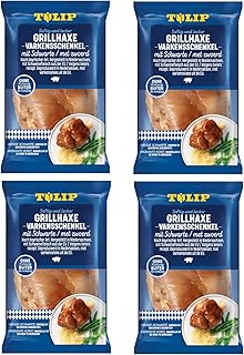 TULIP 4x 600 g Grill-Haxe mit Schwarte | Tafelfertig Kross Gegart Vakuumverpackt | Schweinshaxe einfach im Backofen zubereitet in ca. 30-40 Minuten | Ohne Kühlung