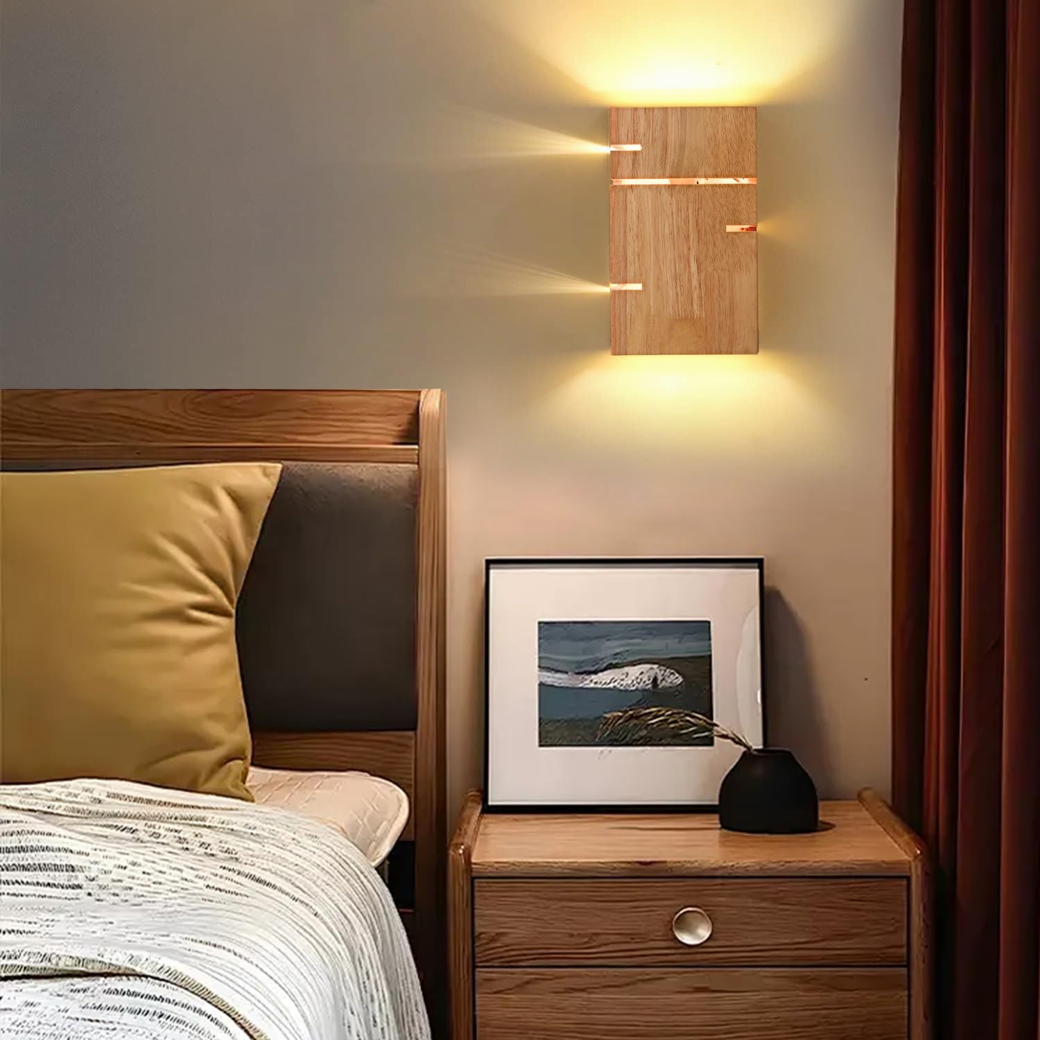 2 Stück Wandleuchte Holz Innen, E27 Vintage Wandlampe Up Down, Quadrat | Retro Wandleuchten Boho & Holz Design, inkl 2 LEDs 3000K Warmweiß, Indirekte Wandbeleuchtung für Wohnzimmer Flur Treppenhaus