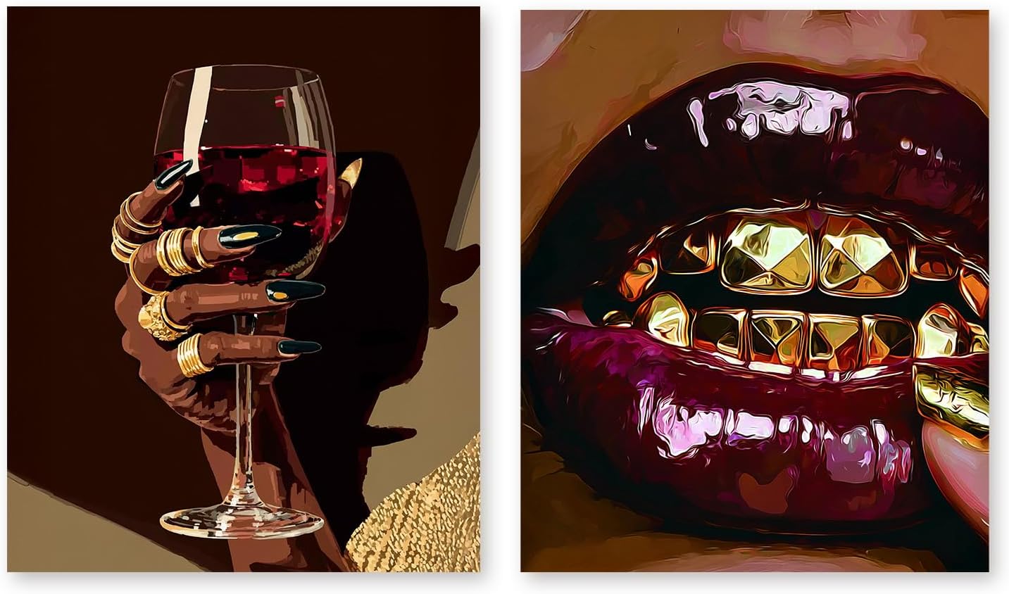 bitCNY 2 Pack Luxury Glam Diamond Art Kits, Wine Glass & Gold Lips Modern Aesthetic Diamond Dots Gem Painting Art Kits for Adults, Trendy Fashion Home Wall Decor 9.8x11.8 Inch