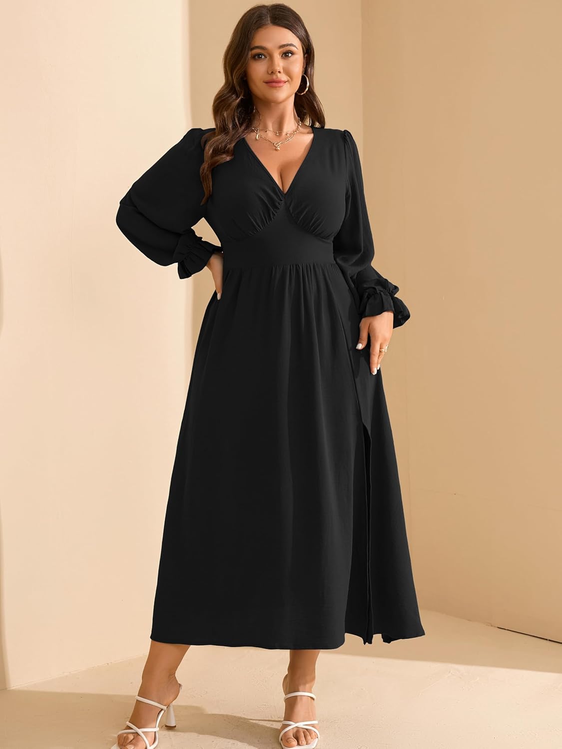 RWJ Plus Size Wedding Guest Dress for Women Deep V Neck Long Sleeve High Waist Slit Formal Cocktail Party Fall Maxi Dresses - Image 5