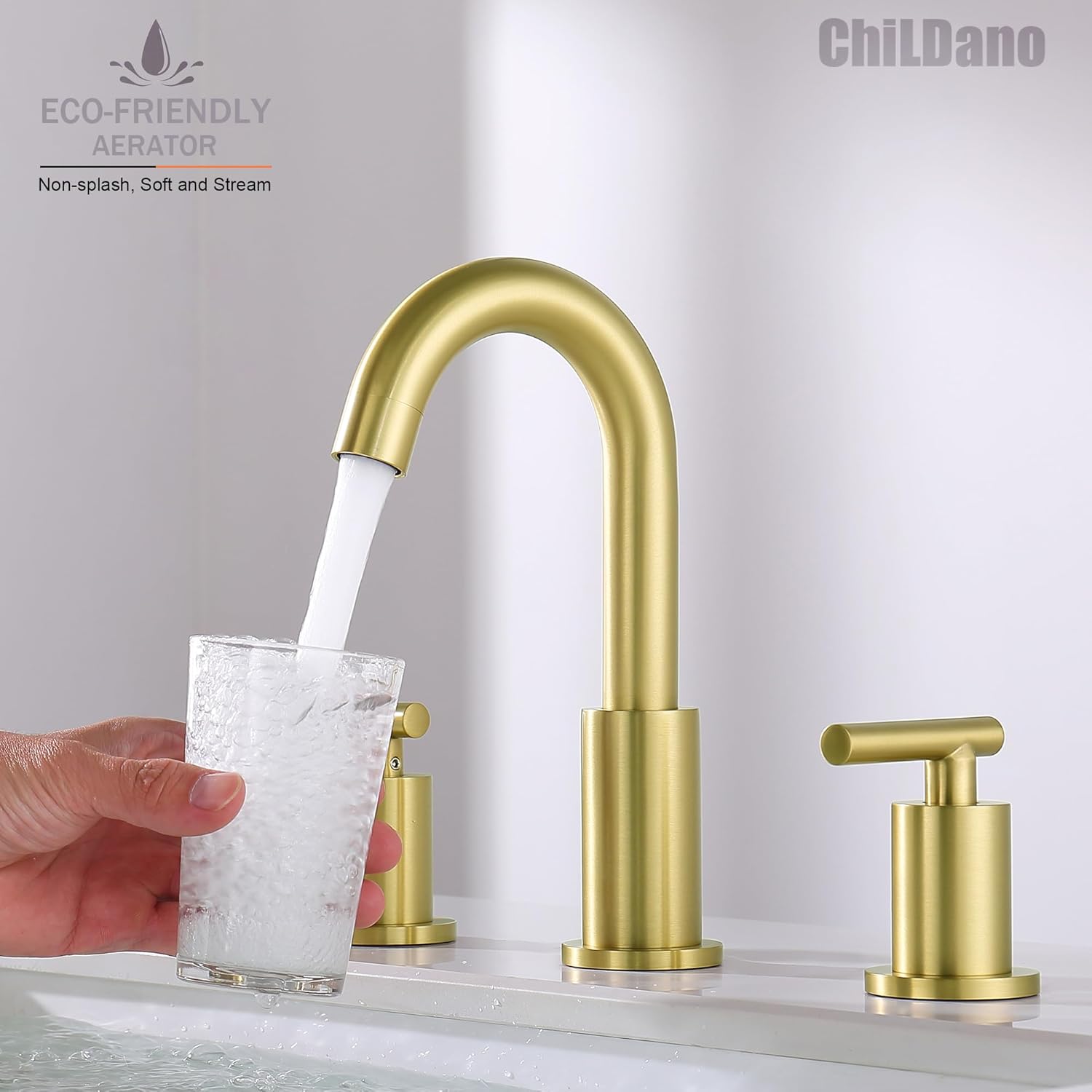 Brushed Gold Bathroom Faucet, 8 inch Widespread Bathroom Sink Faucet 3 Hole with Drain and Hose, Gold Bathroom Faucet CH2183BG - Image 4