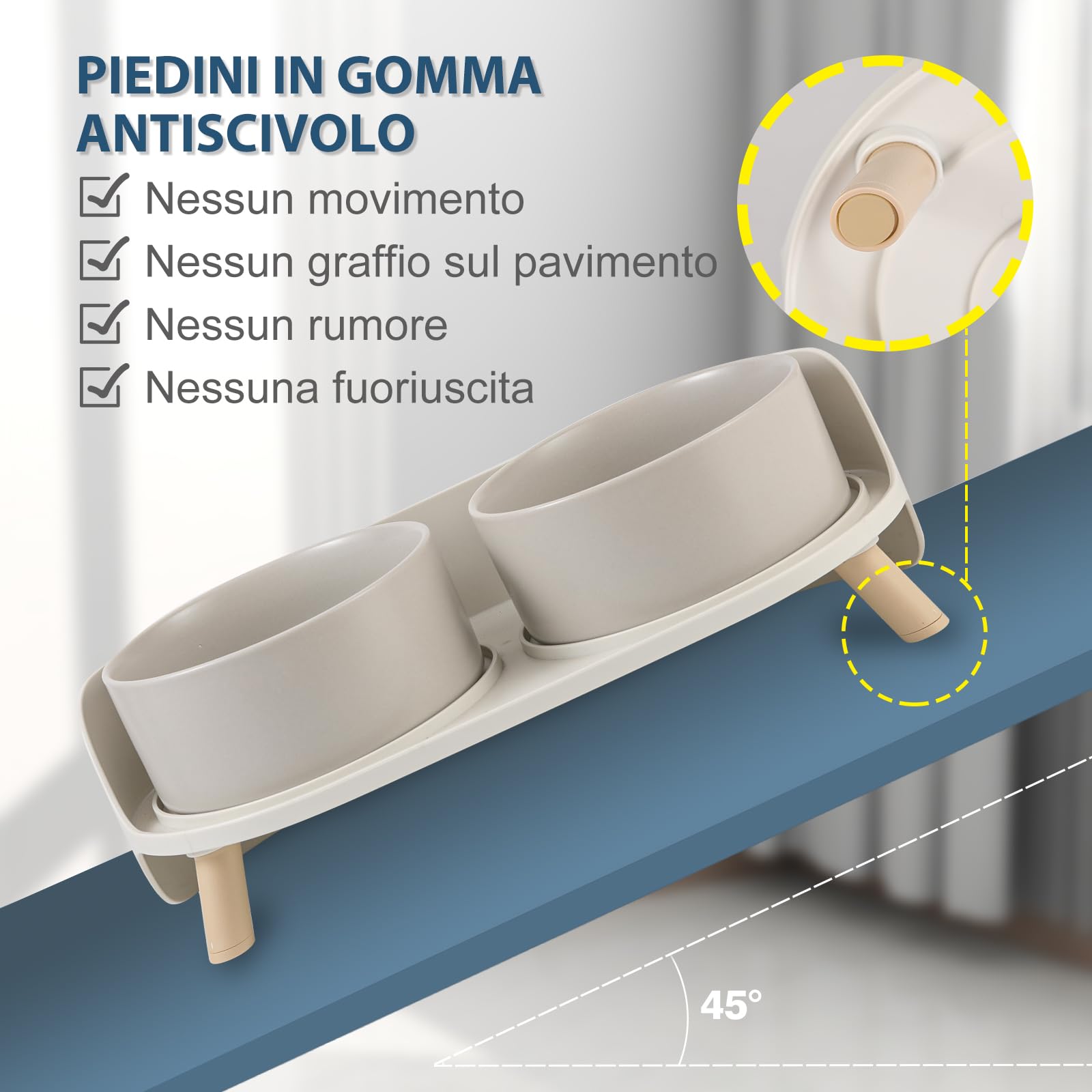 Ciotole Rialzate per Cani in Ceramica - Set Doppio con Supporto Antischizzo e Base Antiscivolo - Ciotole per Cibo e Acqua per Cani Piccoli e Medi e Gatti Grandi - 2 x 720 ml - Grigio