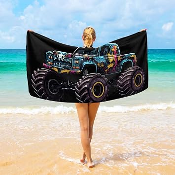 Large Beach Towel Blue Monster Truck Black, 74" x 37", Cool Design, Sand Proof, Lightweight - Fit for Beach Swimming Pool Yoga