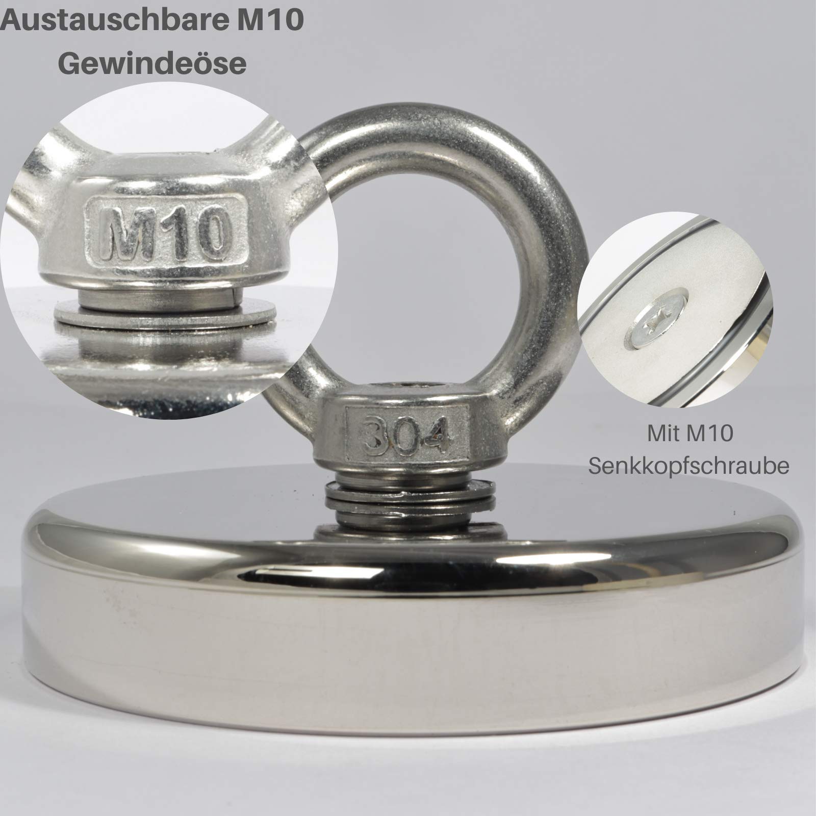 Aimant en néodyme – Pince plate avec écrou à bague – Aimant en pot 90 mm – 340 kg Force de traction – Œillet M10 – Aimant à œillet